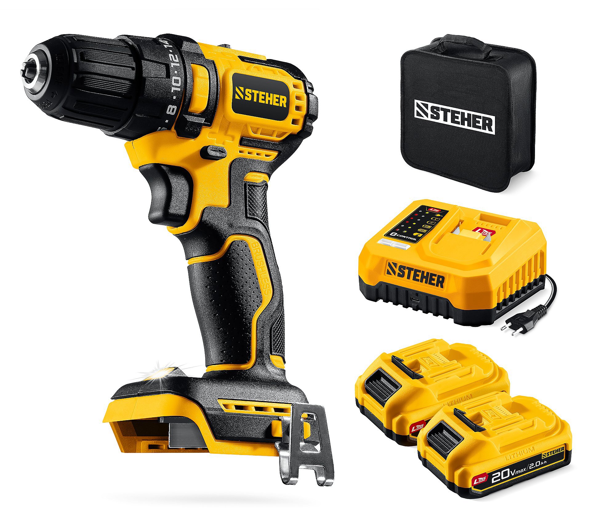 Изображение товара Дрель-шуруповерт аккумуляторная бесщеточная Steher CB-45-22, 20 В Li-Ion 2x2 Ач