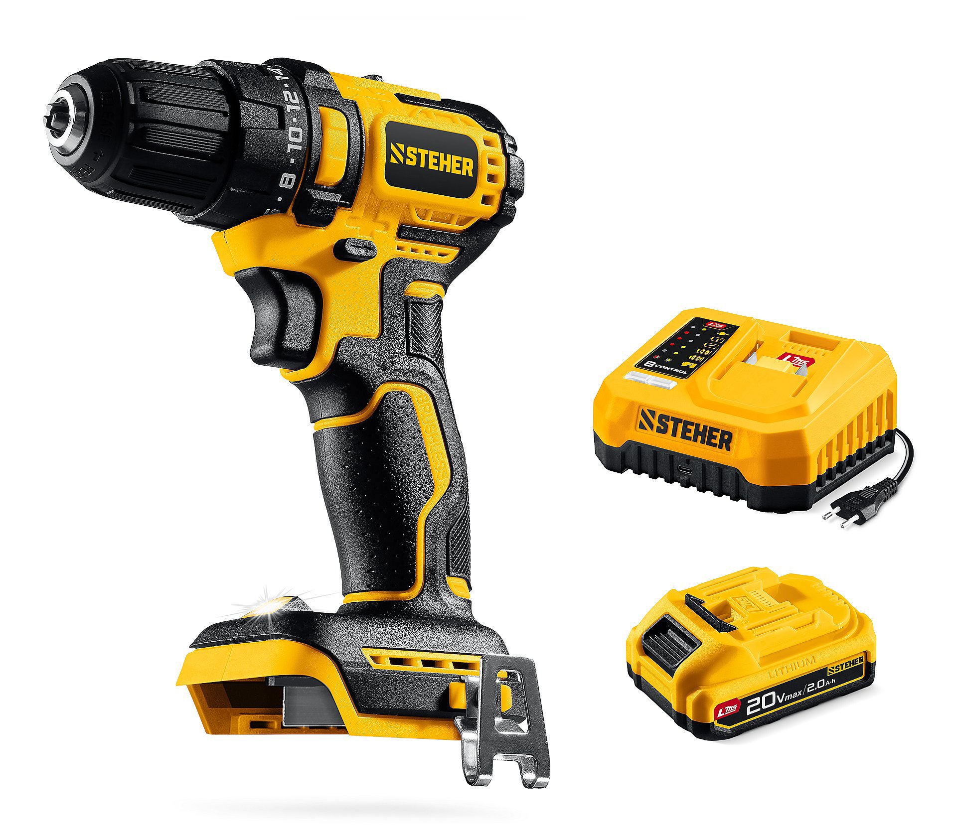 Изображение товара Бесщеточная аккумуляторная дрель-шуруповерт STEHER CB-45-21 20 В