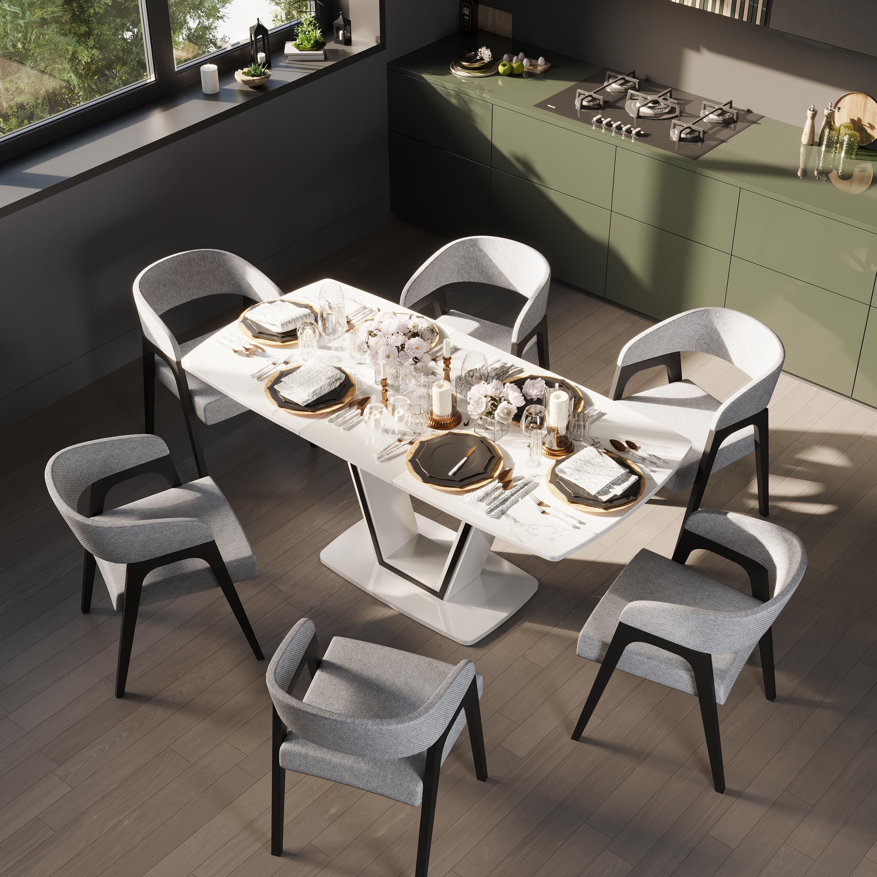 Изображение товара Кухонный раздвижной стол Трия 130-170x77 см белый мрамор современный стиль