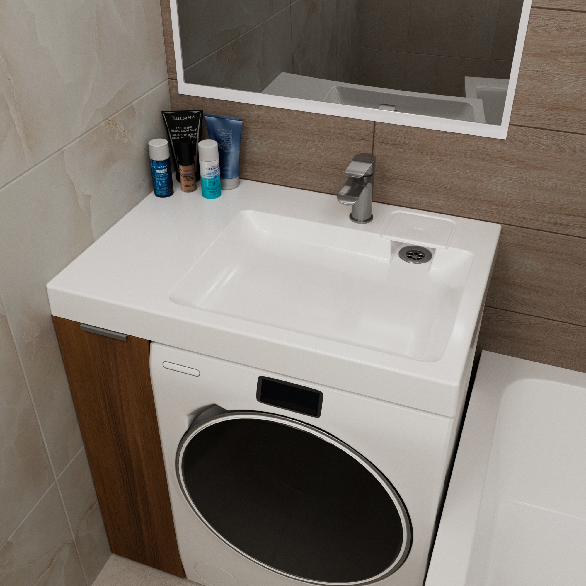 Изображение товара Раковина LESAN LS/SWM-SK-80-55-R над стиральной машиной с столешницей слева, белая