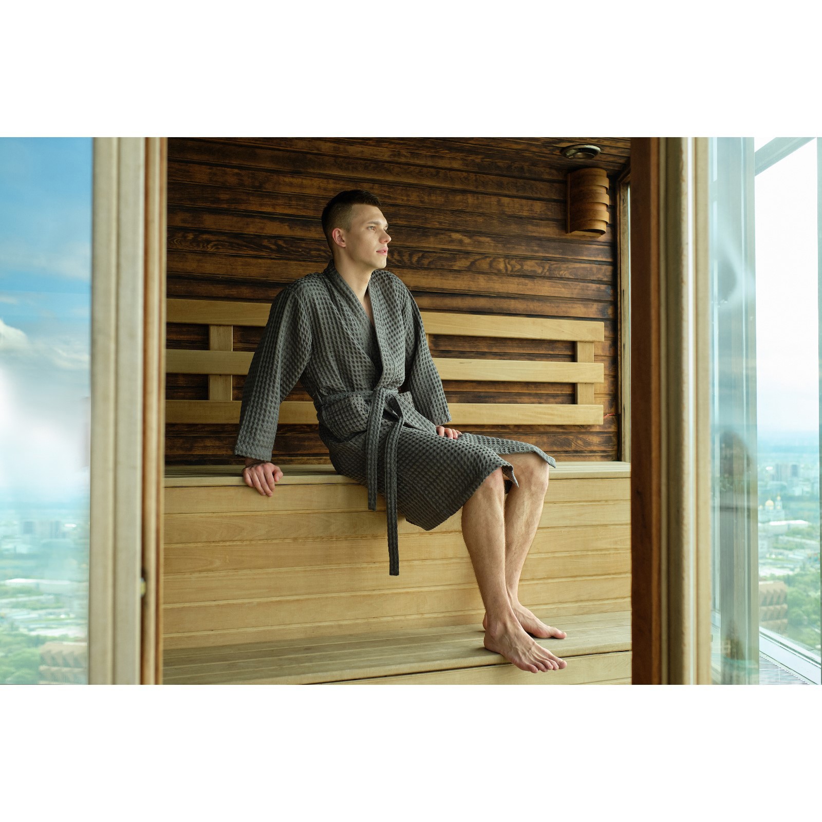 Изображение товара Банный халат Этель 6243574 размер 50/52 серый вафельный хлопок