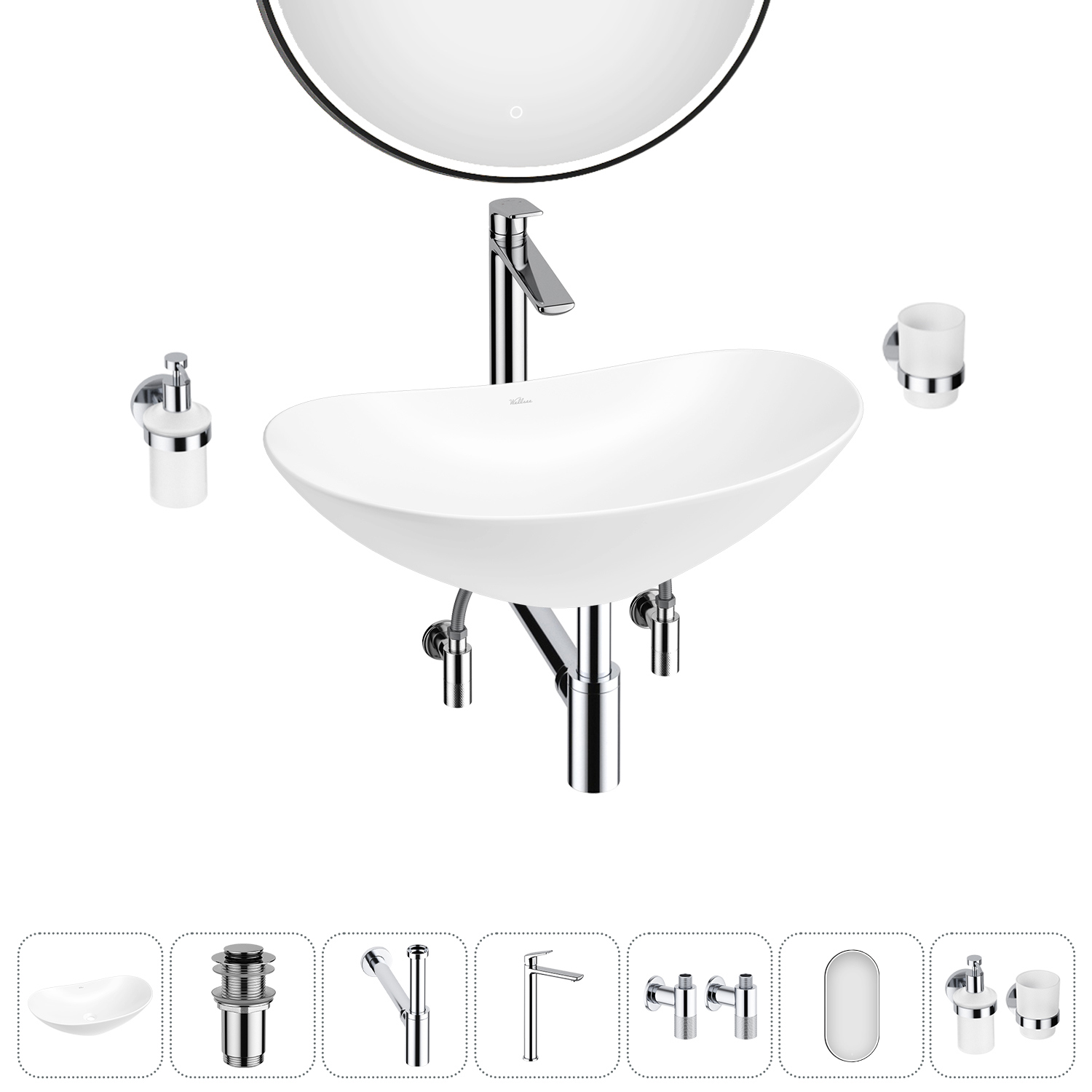 Изображение товара Раковина Wellsee Carefree Dove 7 в 1 комплект с зеркалом и аксессуарами 43 см