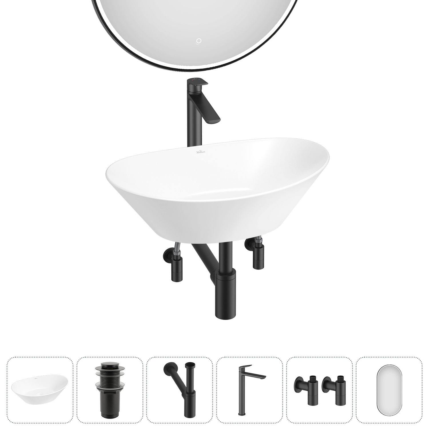 Изображение товара Раковина Wellsee dulcet tones 20218570R 46 см 6 в 1 с зеркалом и сифоном