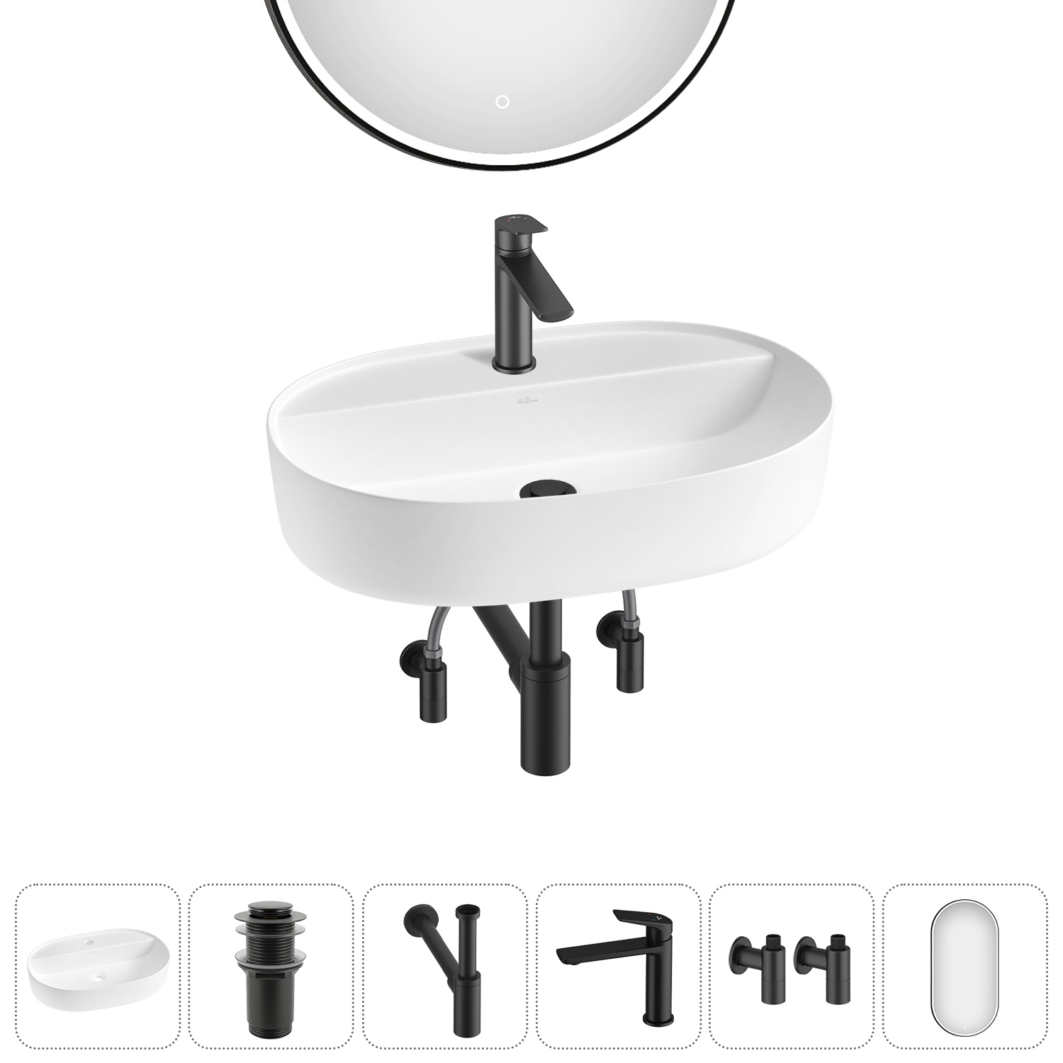 Изображение товара Раковина накладная Wellsee Chic Riviera 60см комплект 6 в 1 современная керамическая овальная