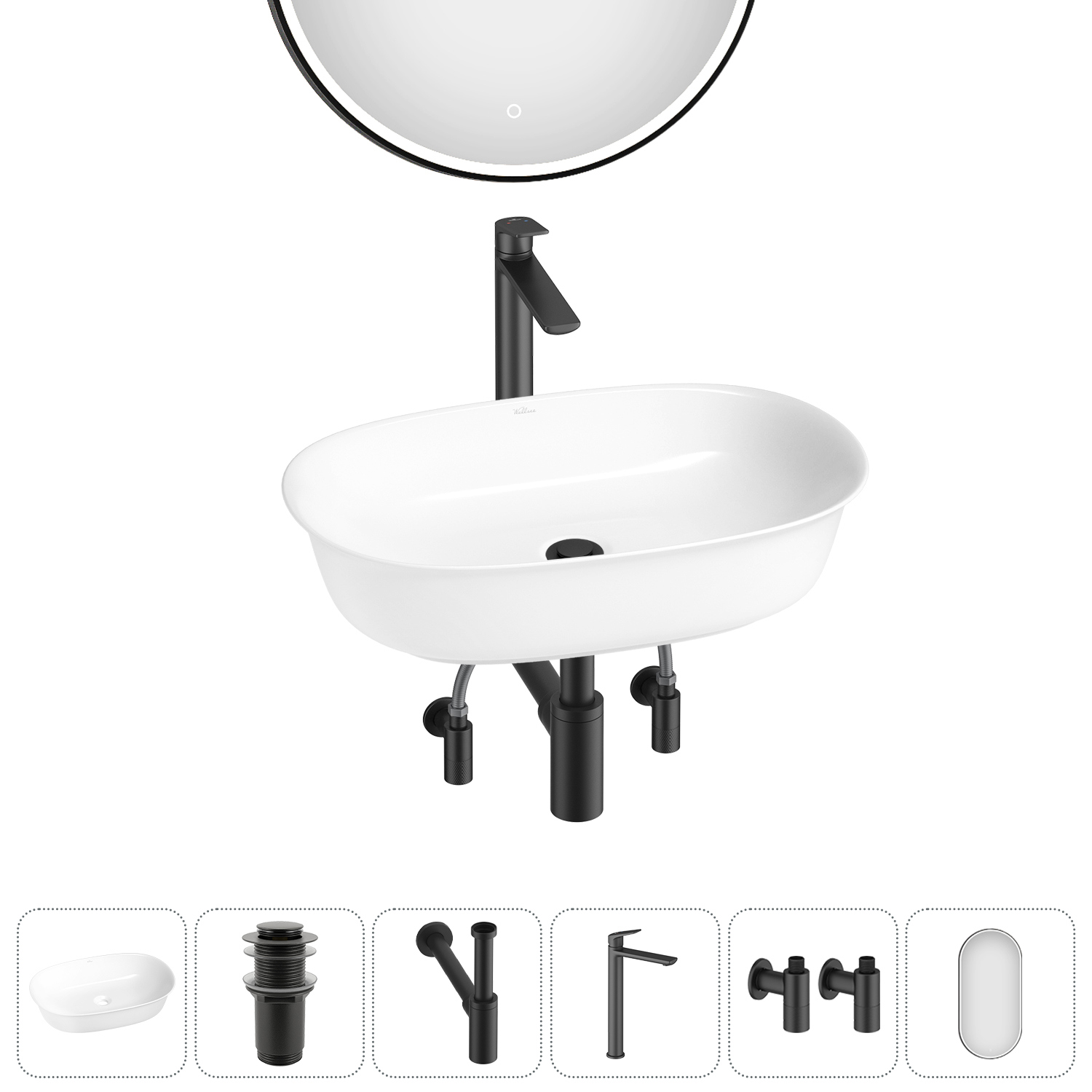 Изображение товара Раковина Wellsee Brillant iCon 60х40 см 6 в 1 комплект с зеркалом и сифоном