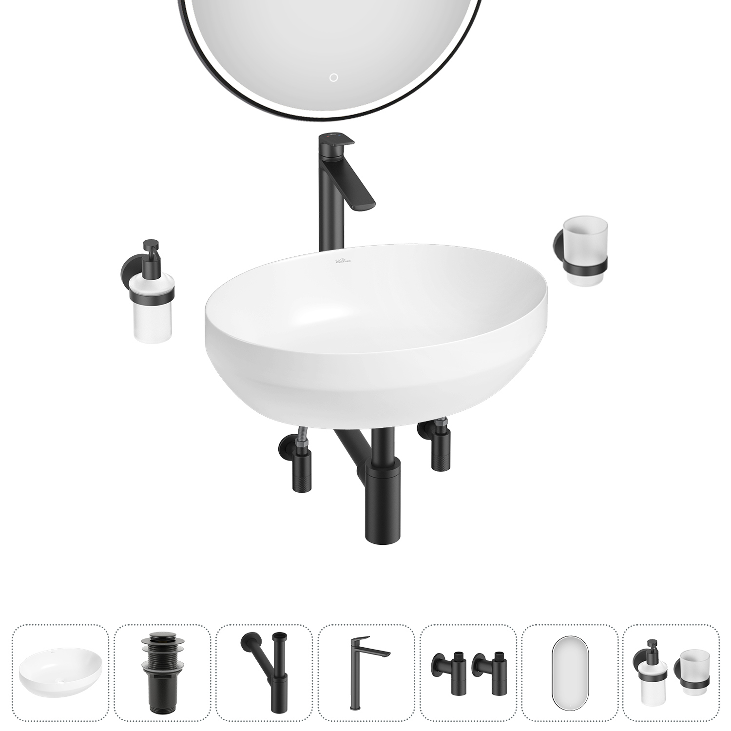 Изображение товара Раковина Wellsee air gap r 20218868R 50см цвет раковина 7 в 1: д/к, сифон, смеситель, вентили, зеркало, аксессуары