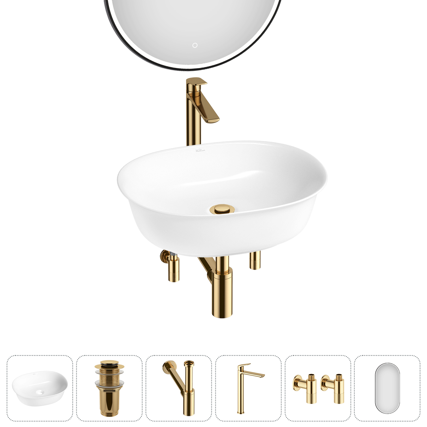 Изображение товара Раковина Wellsee brillant icon 20218725R 50см цвет раковина 6 в 1: д/к, сифон, смеситель, вентили, зеркало