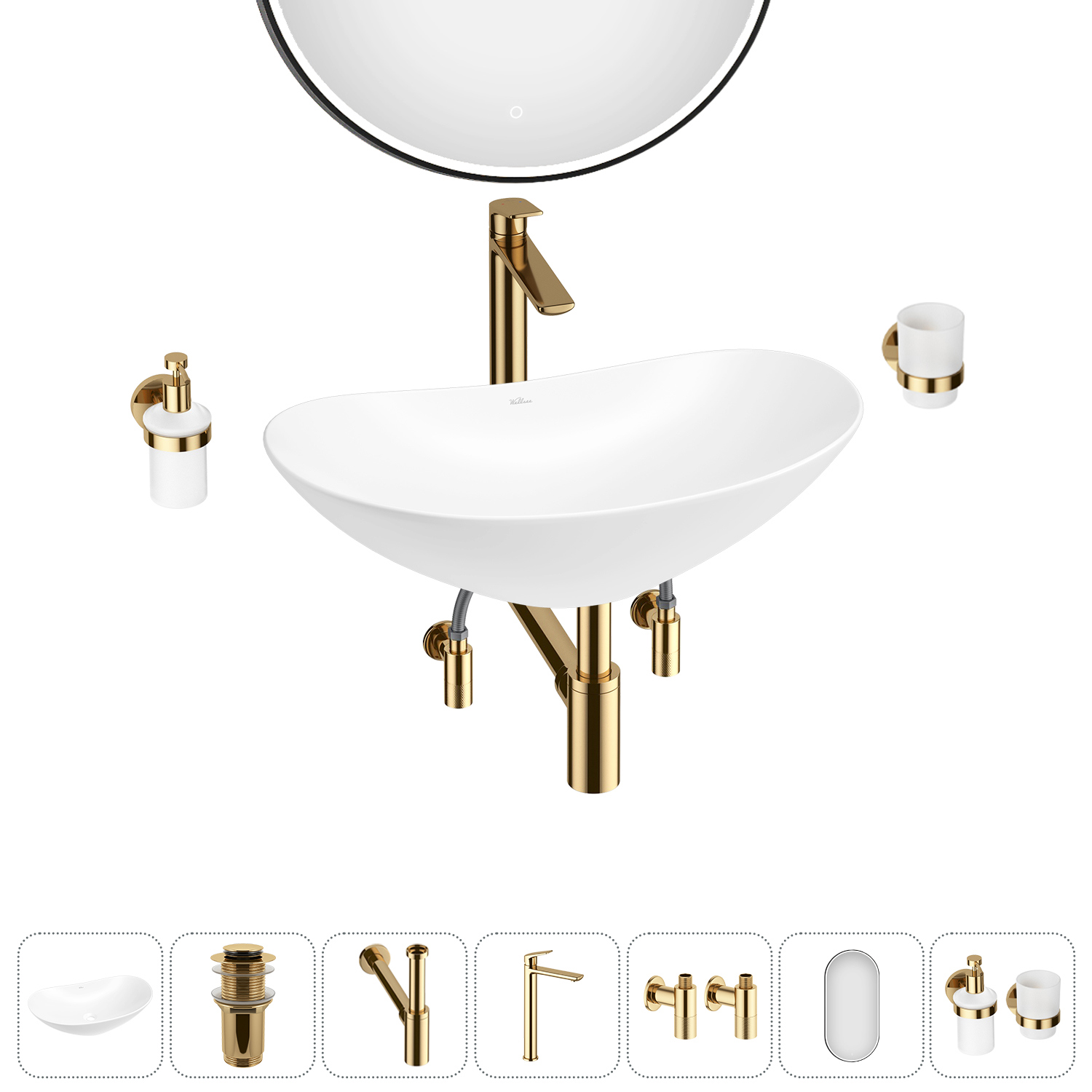 Изображение товара Раковина Wellsee carefree dove 20218367R 53см цвет раковина 7 в 1: д/к, сифон, смеситель, вентили, зеркало, аксессуары