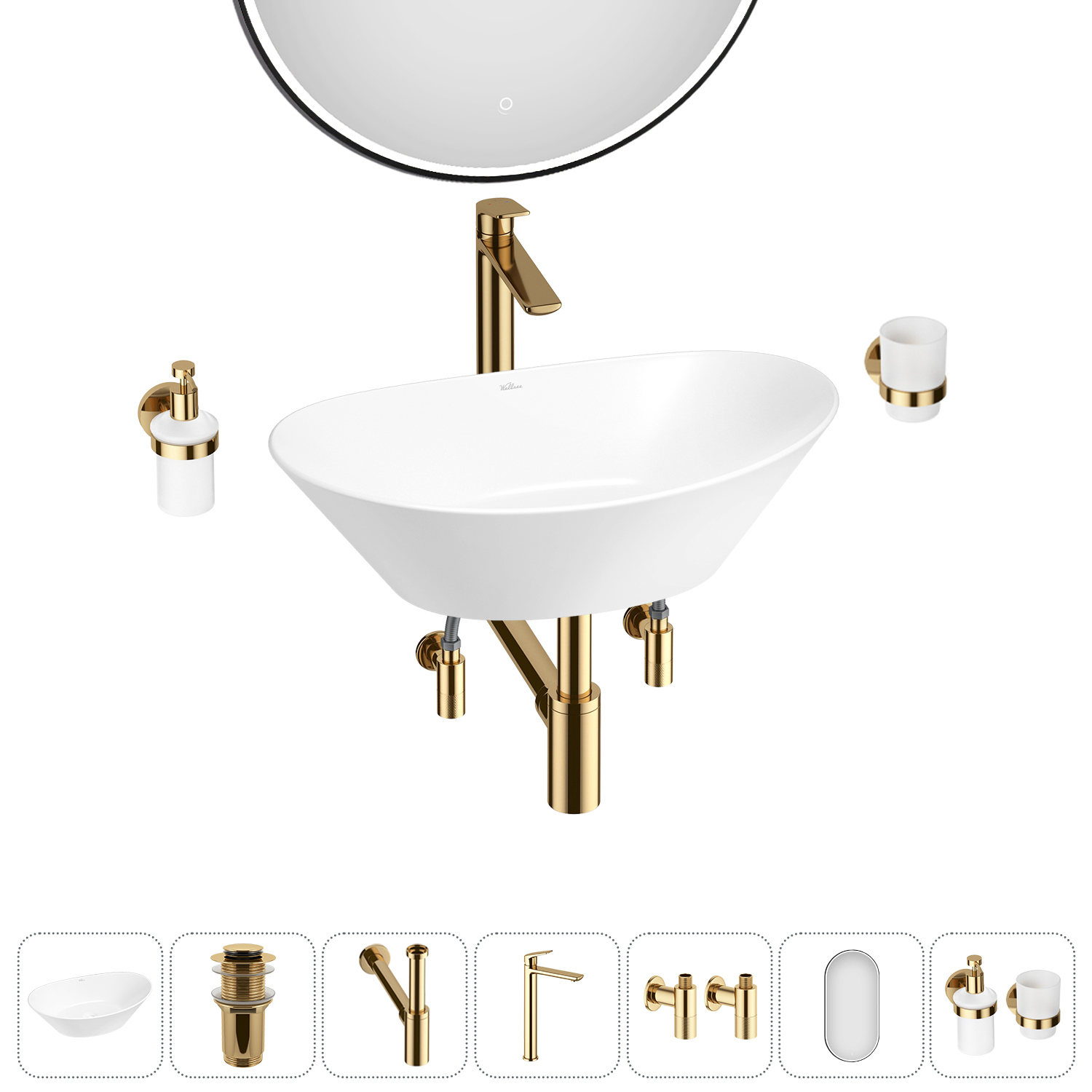 Изображение товара Раковина Wellsee Dulcet Tones 36 см с комплектом аксессуаров и зеркалом