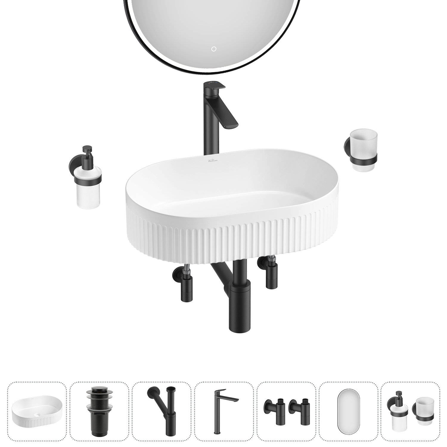 Изображение товара Раковина Wellsee Festive Fox 2.0 50 см комплект с сифоном и смесителем белая