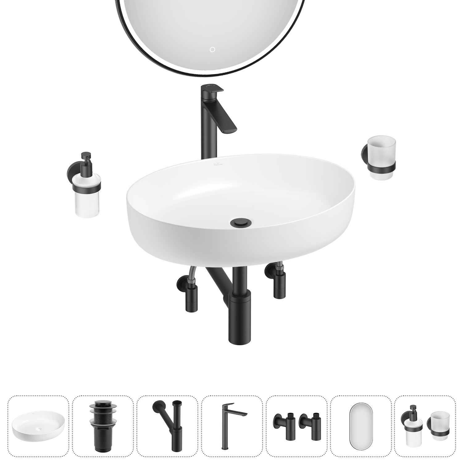 Изображение товара Раковина Wellsee Belle Spa 3.0 55 см белая с комплектом аксессуаров и зеркалом