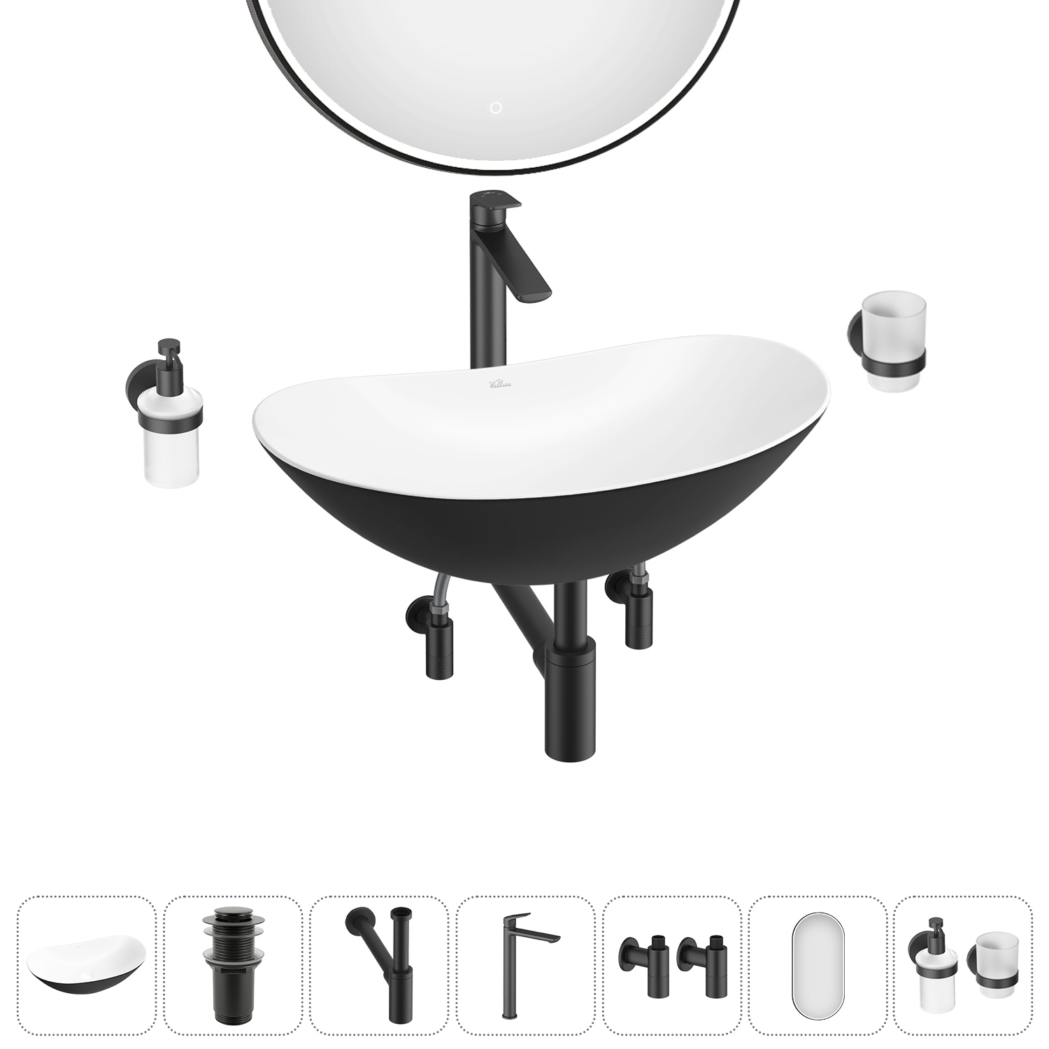 Изображение товара Раковина Wellsee Carefree Dove 60 см 7 в 1 с зеркалом и аксессуарами