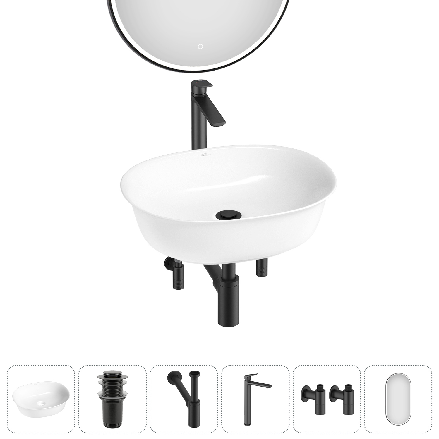 Изображение товара Раковина Wellsee Brillant iCon 50 см 6 в 1 с зеркалом и аксессуарами