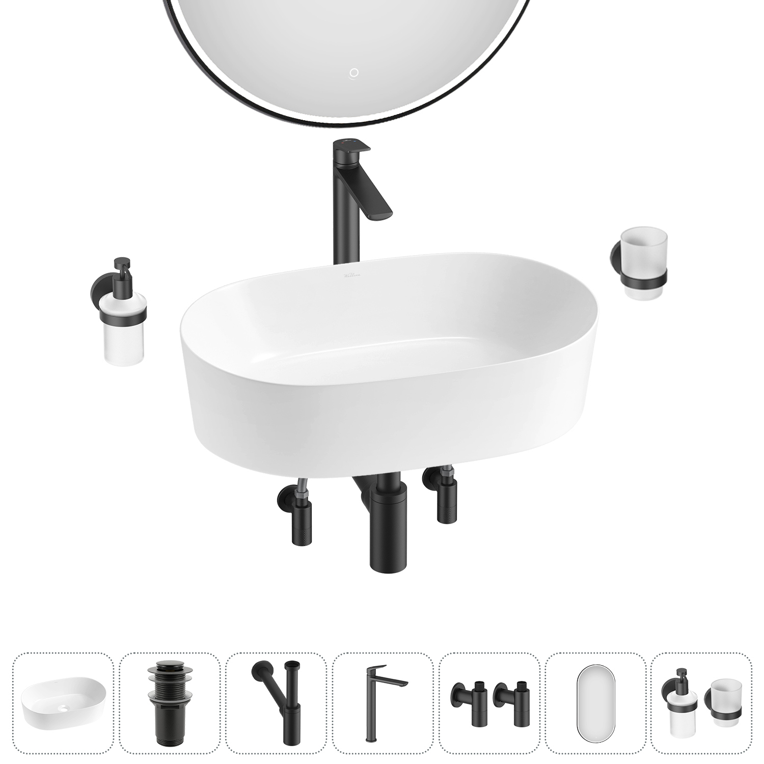 Изображение товара Раковина Wellsee saint-germain 20218552R 56см цвет раковина 7 в 1: д/к, сифон, смеситель, вентили, зеркало, аксессуары