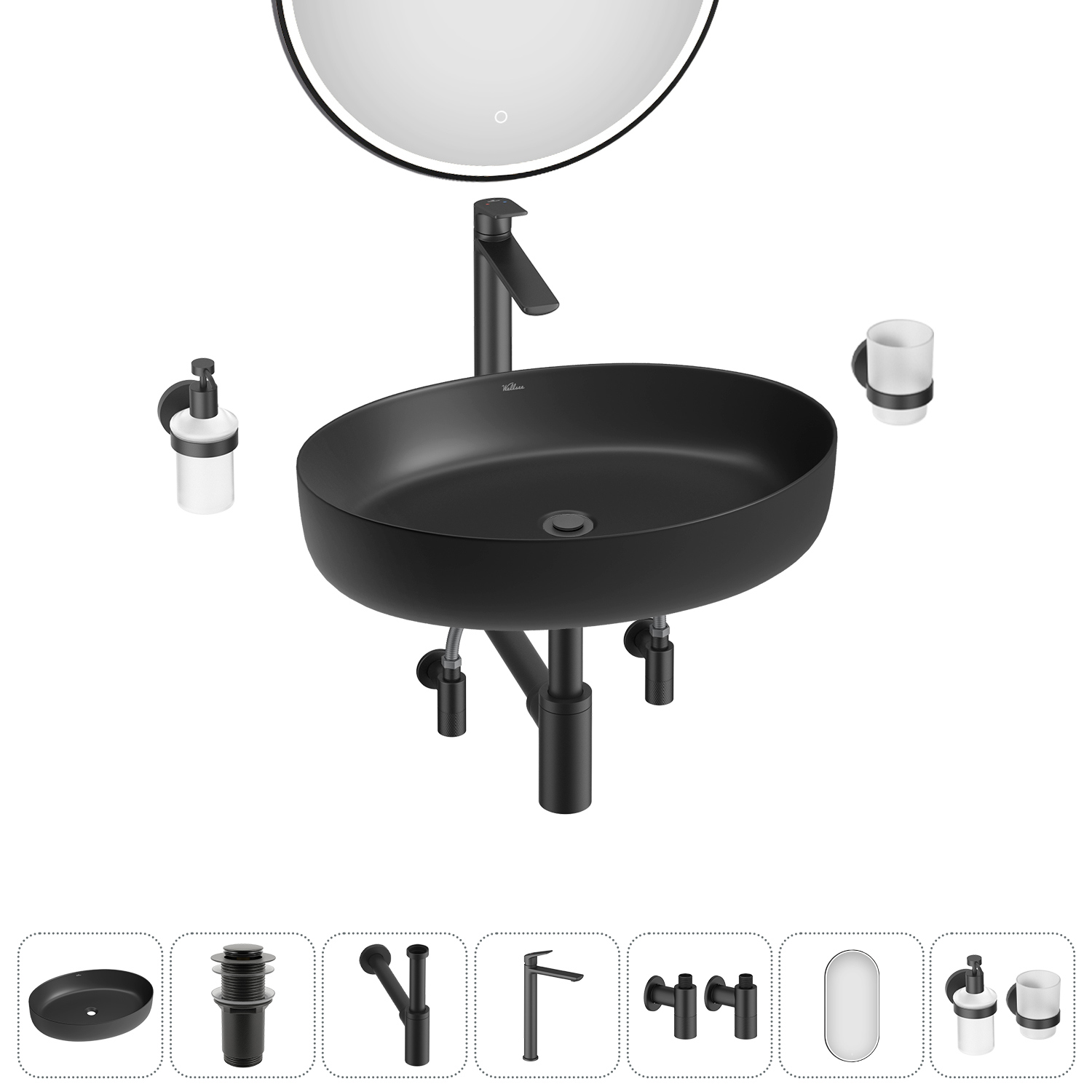 Изображение товара Раковина Wellsee Belle Spa 3.0 55 см черная комплект со всеми аксессуарами