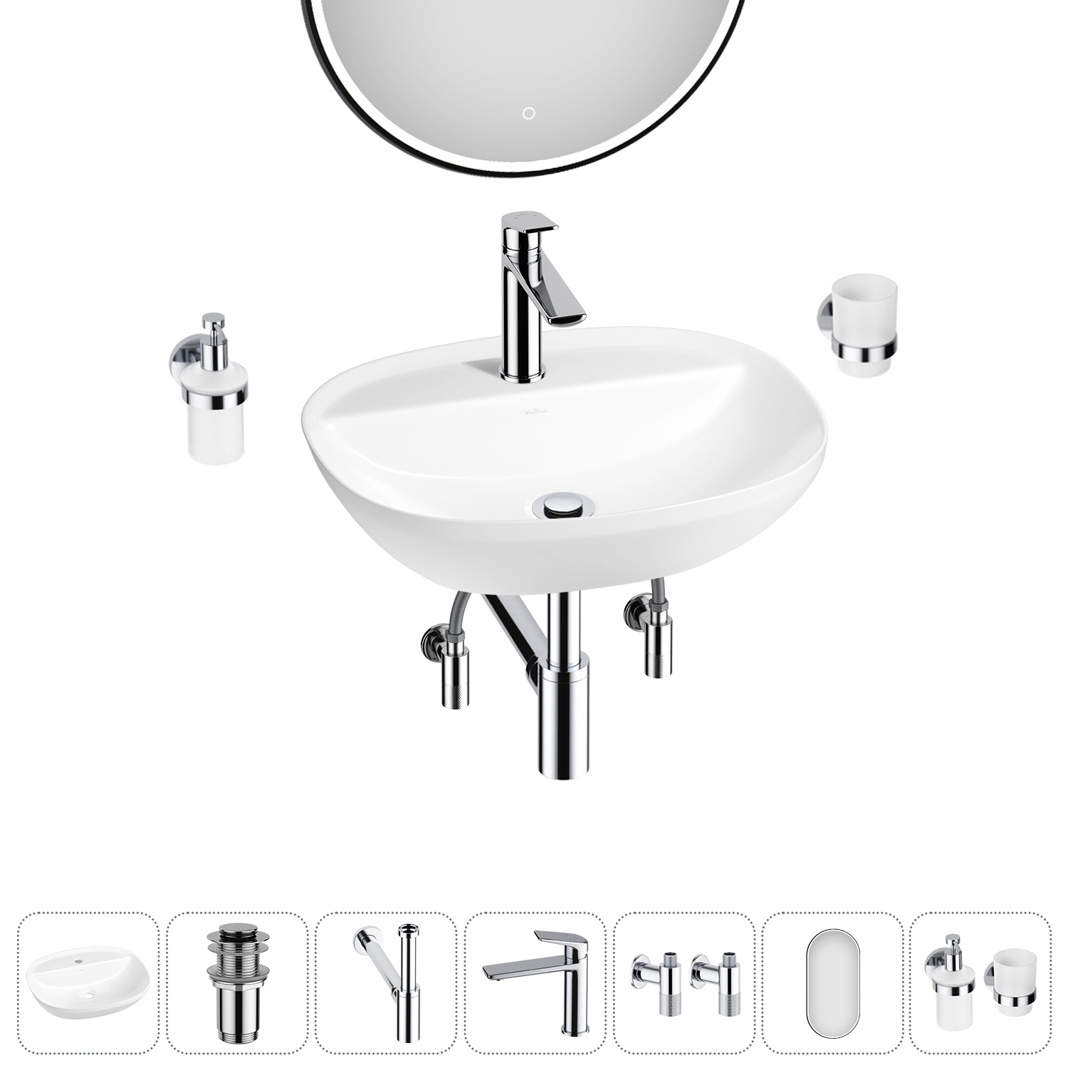 Изображение товара Раковина Wellsee cute twin R 50 см с комплектом аксессуаров и зеркалом