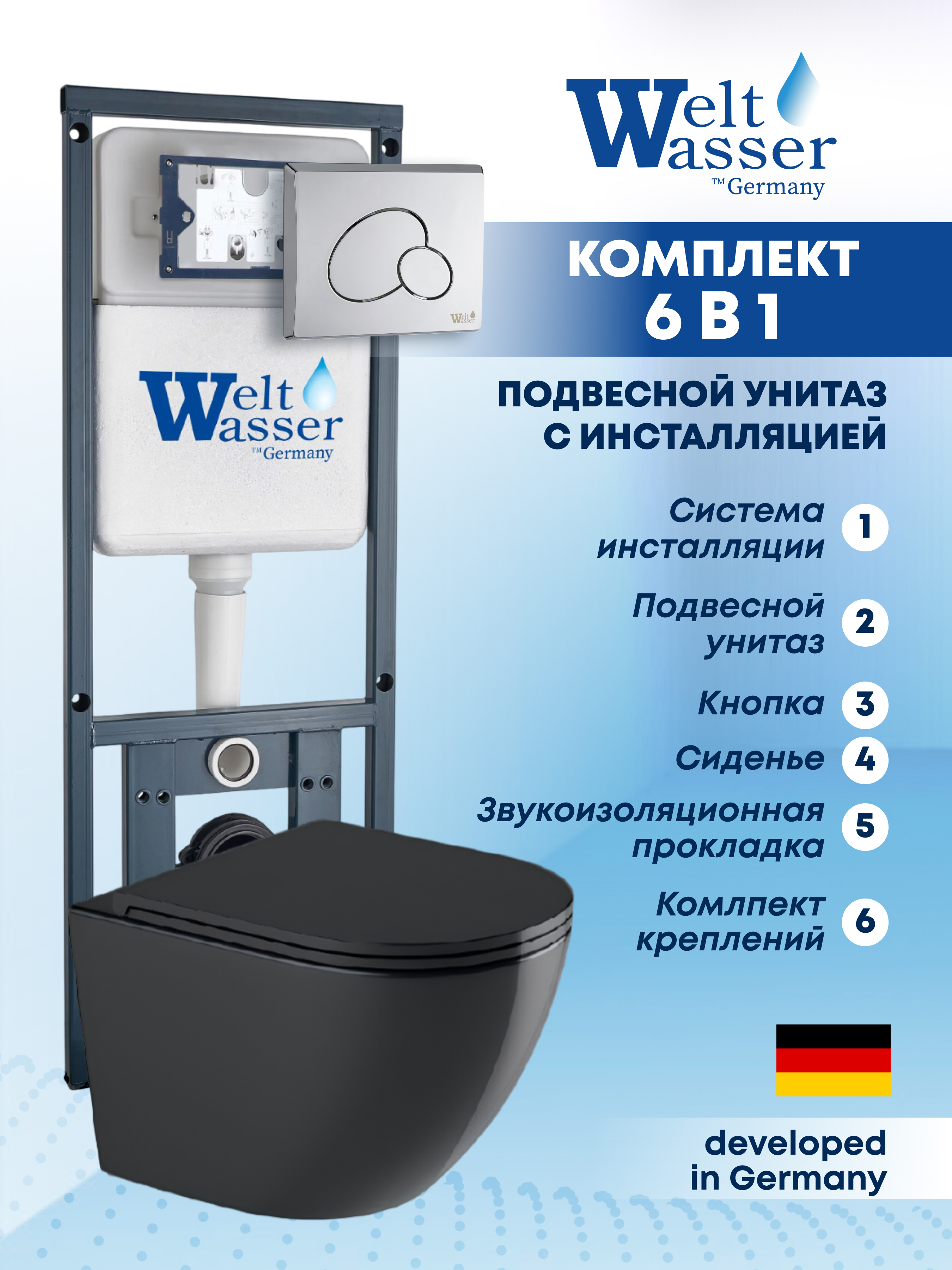 Изображение товара Комплект Weltwasser MM41084 6 в 1 подвесной унитаз черный с инсталляцией