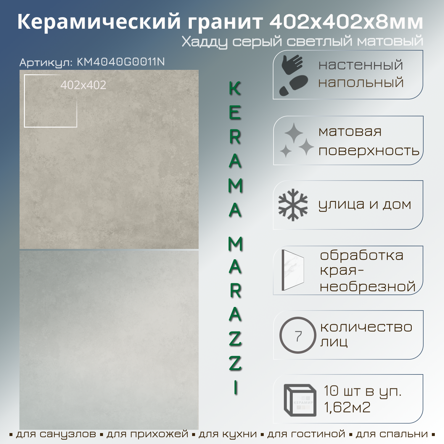 Изображение товара Керамогранит Kerama Marazzi Хадду 40.2x40.2 см серый светлый квадратный для пола и стен