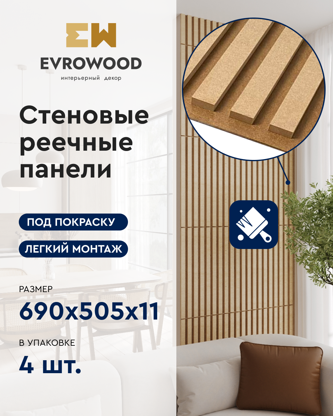 Изображение товара Стеновая реечная панель Evrowood 680x505x15мм под покраску 4шт