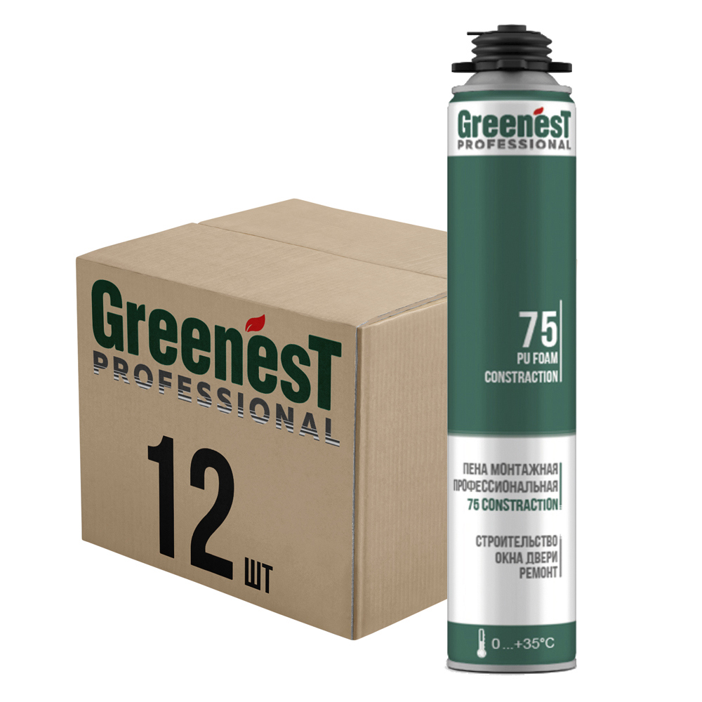 Изображение товара Пена монтажная профессиональная Greenest 185118575 75 летняя +30ᵒС 1000 мл 12 шт