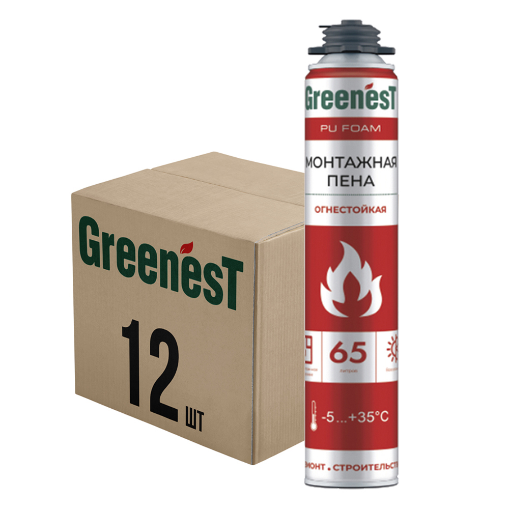 Изображение товара Пена монтажная профессиональная Greenest 183128550 65 огнестойкая всесезонная 850 мл 12 шт