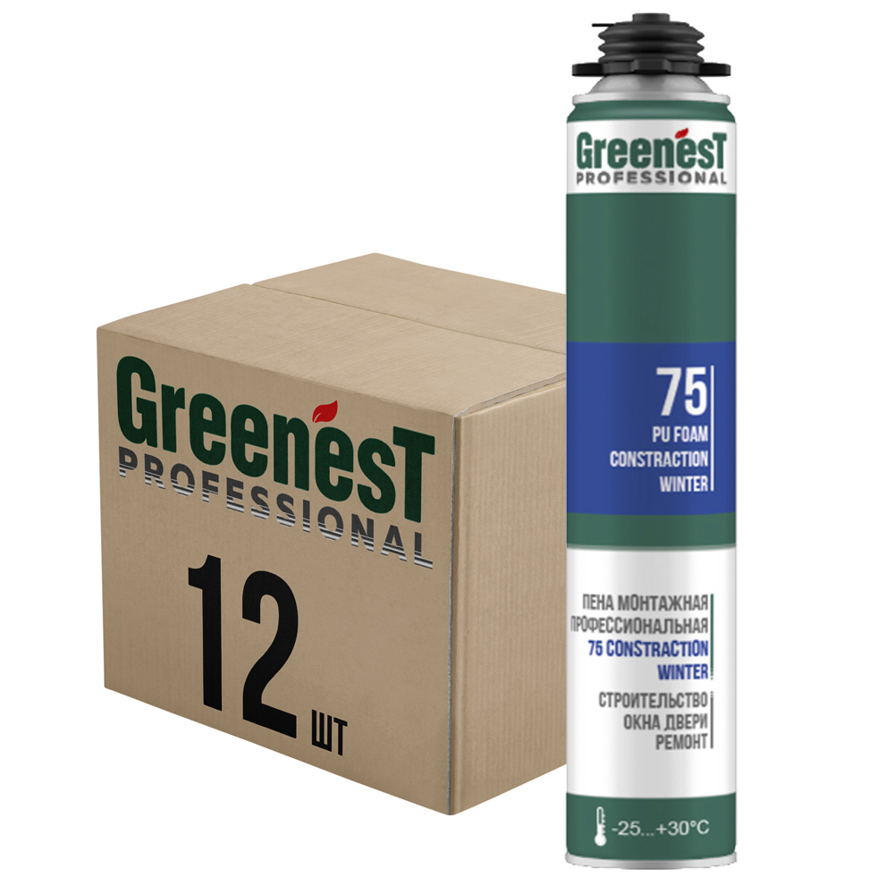 Изображение товара Пена монтажная профессиональная Greenest 185108575 75 морозостойкая -25ᵒС зимняя 1000 мл 12 шт