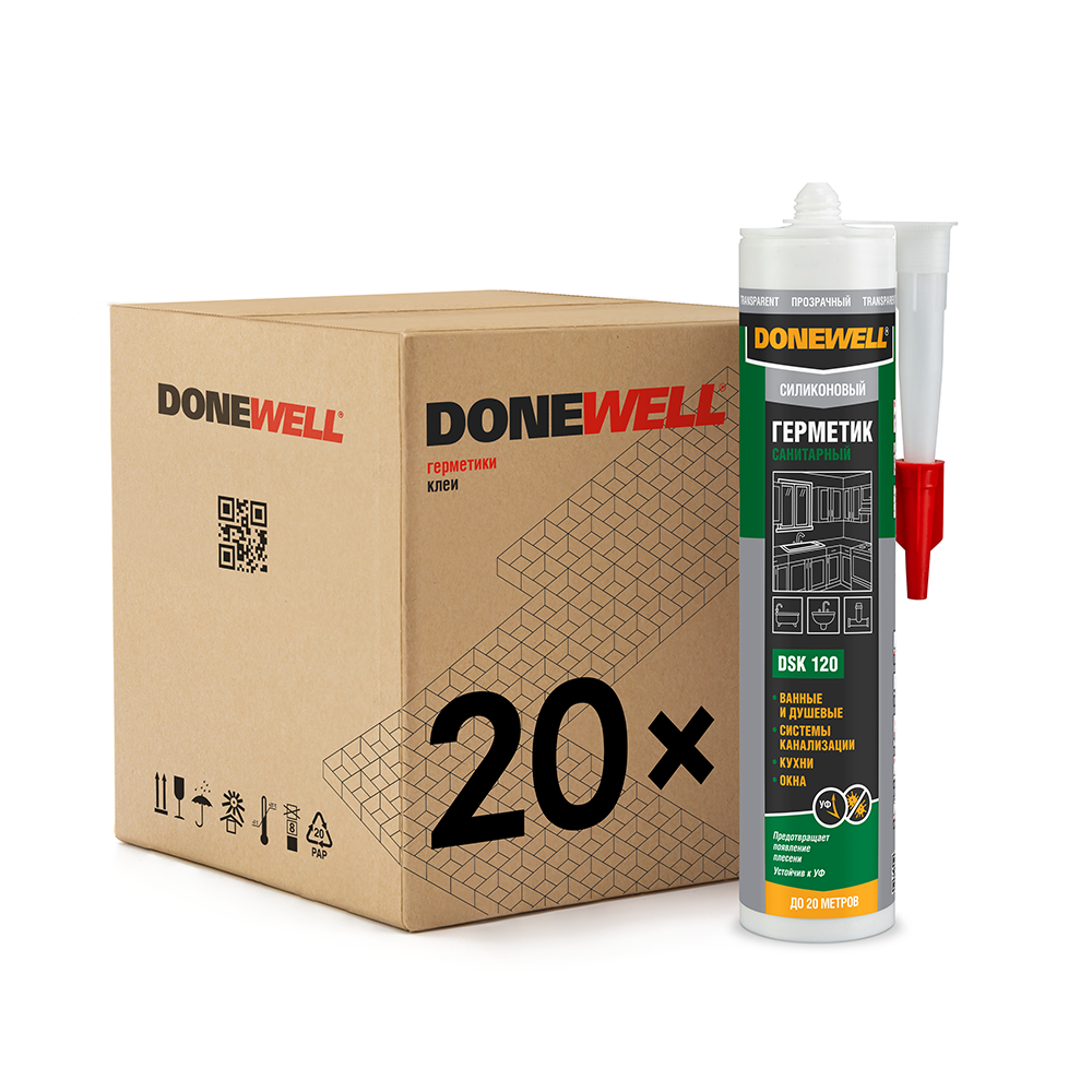 Изображение товара Герметик силиконовый Donewell санитарный прозрачный 260 мл 20 шт