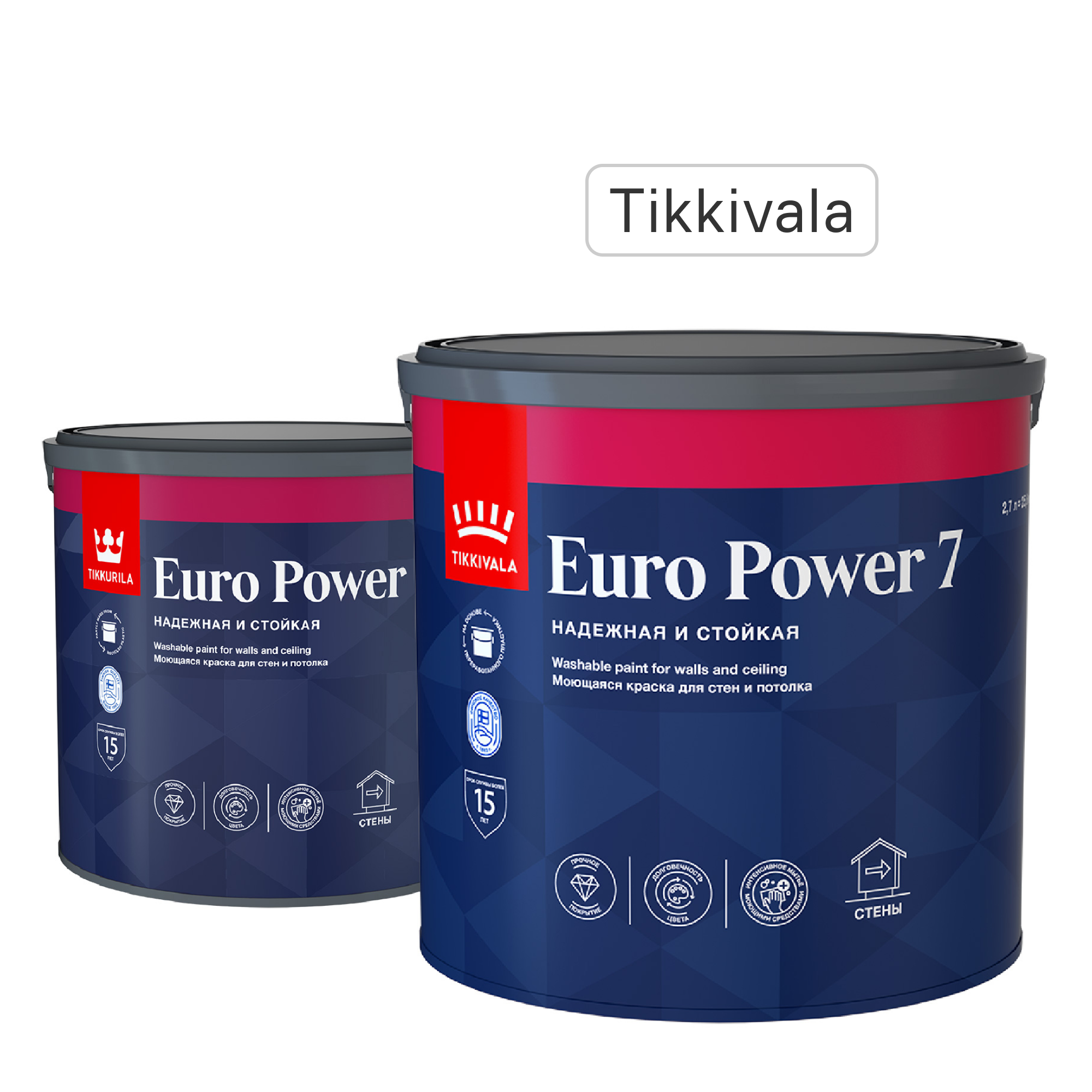Изображение товара Краска для стен и потолков Tikkivala Euro Power 7 моющаяся матовая цвет белый база А 2.7 л