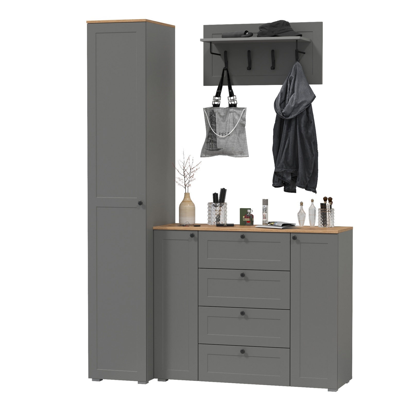 Изображение товара Комплект мебели для прихожей Mobi Остин 120x230 см серый графит / дуб крафт