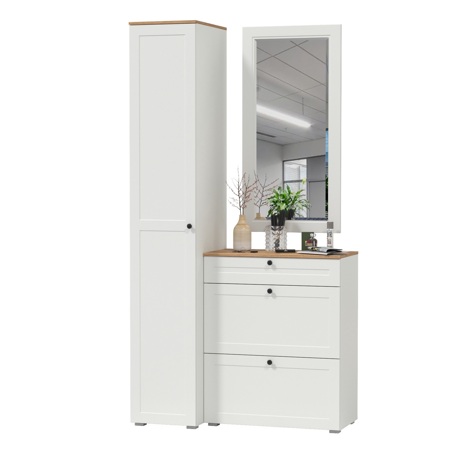 Изображение товара Комплект мебели для прихожей Mobi Остин пр-22-бз 100x230x54 см ЛДСП цвет белый шагрень/дуб крафт золотой