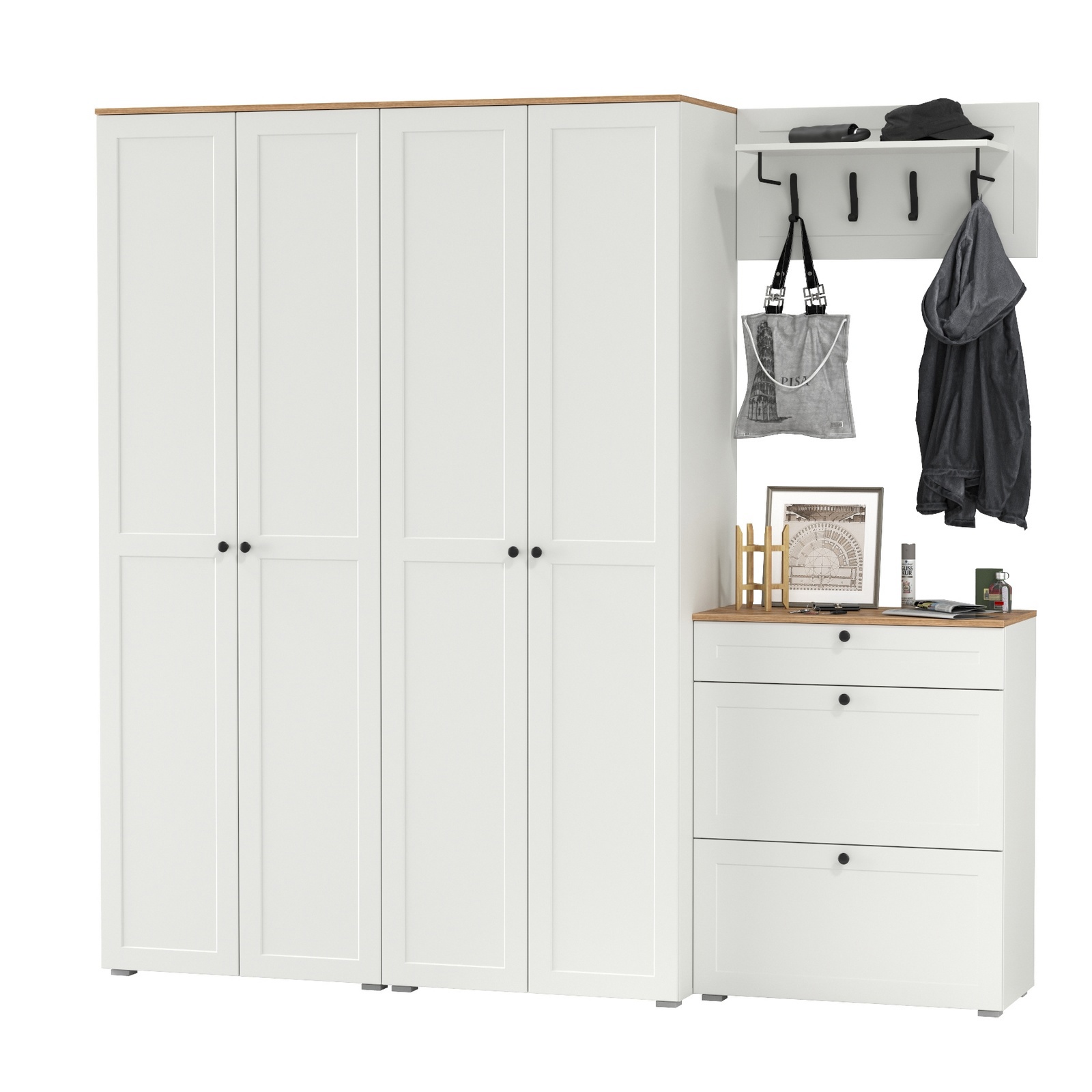 Изображение товара Комплект мебели для прихожей MOBI Остин 4 предмета белый с дубом крафт золото