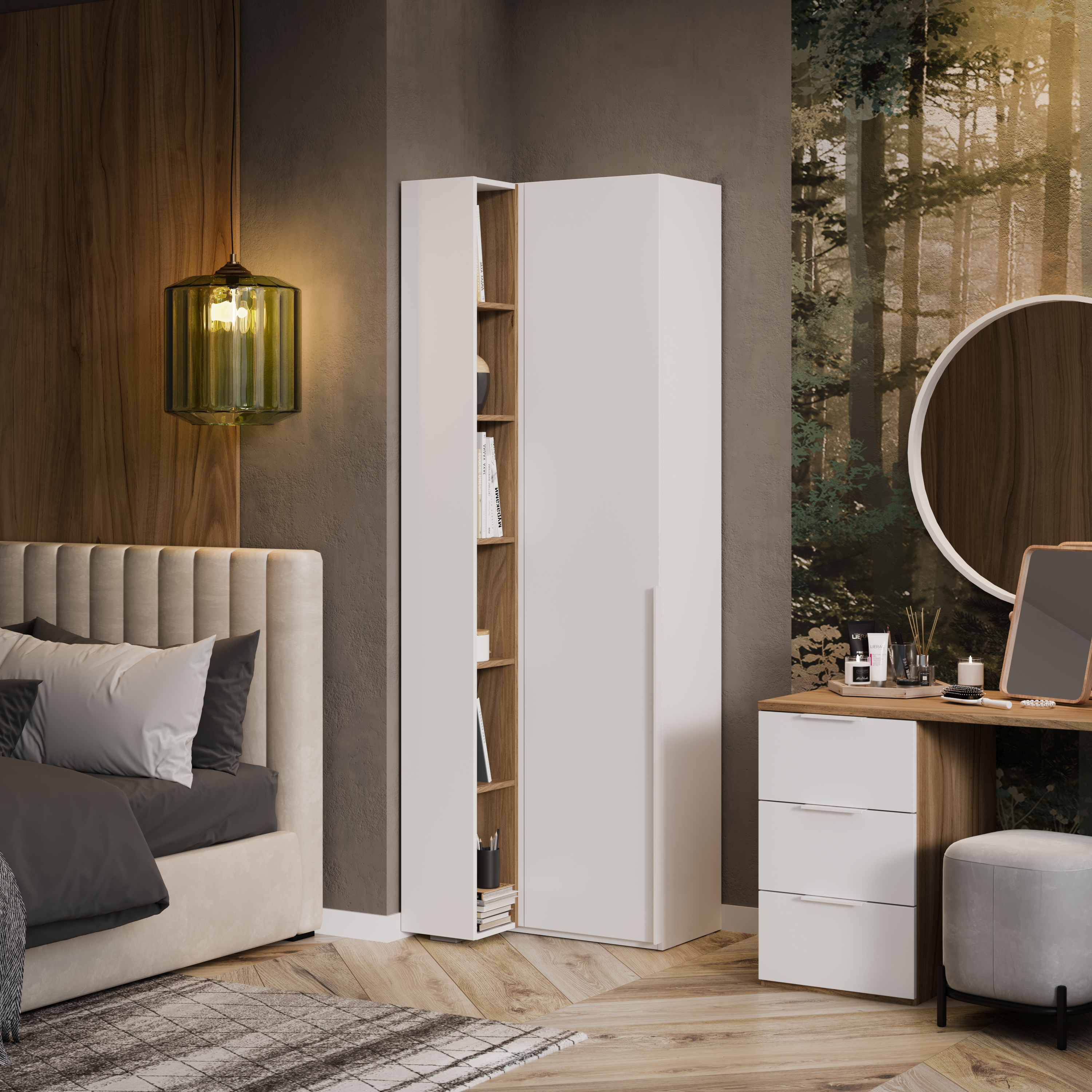 Изображение товара Шкаф Трия 70x217x58 см угловой современный из ЛДСП белый жемчуг яблоня беллуно