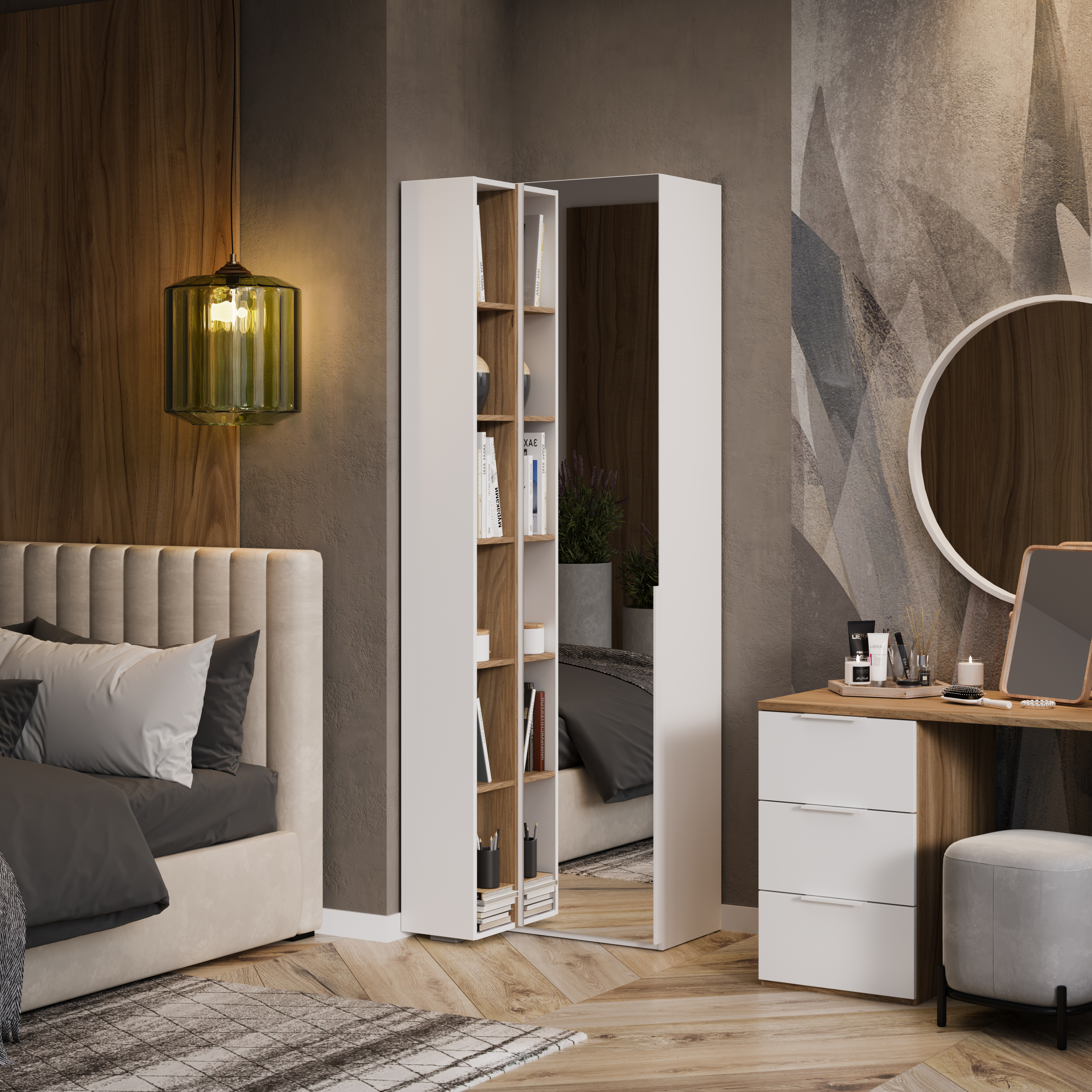 Изображение товара Современный угловой шкаф Трия 70x217 см из ЛДСП с зеркальной дверью и полками