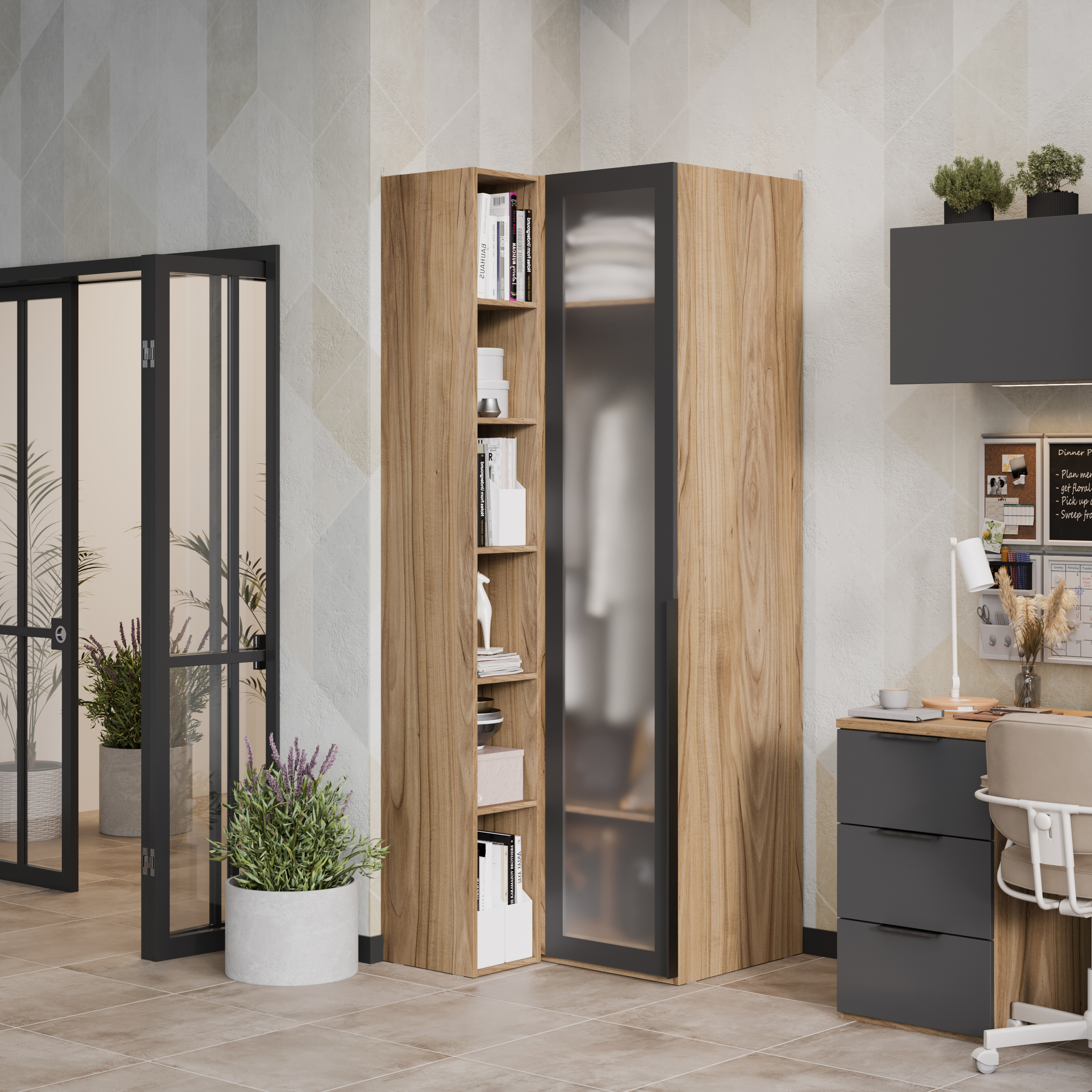 Изображение товара Шкаф распашной Трия 70x217x58 см с стеклом сатин и полками современный стиль