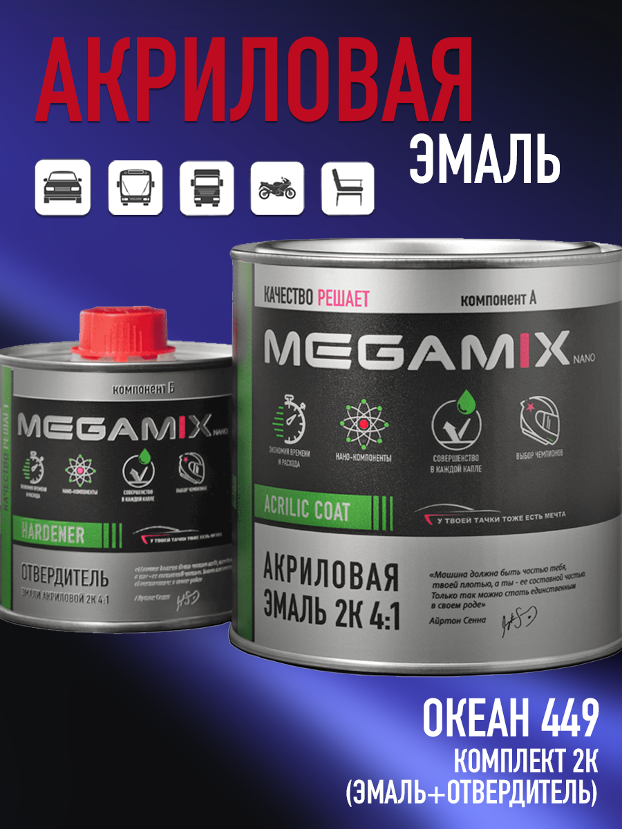 Изображение товара Эмаль автомобильная двухкомпонентная Megamix 4:1 цвет океан 449 840 мл и отвердитель 210 мл