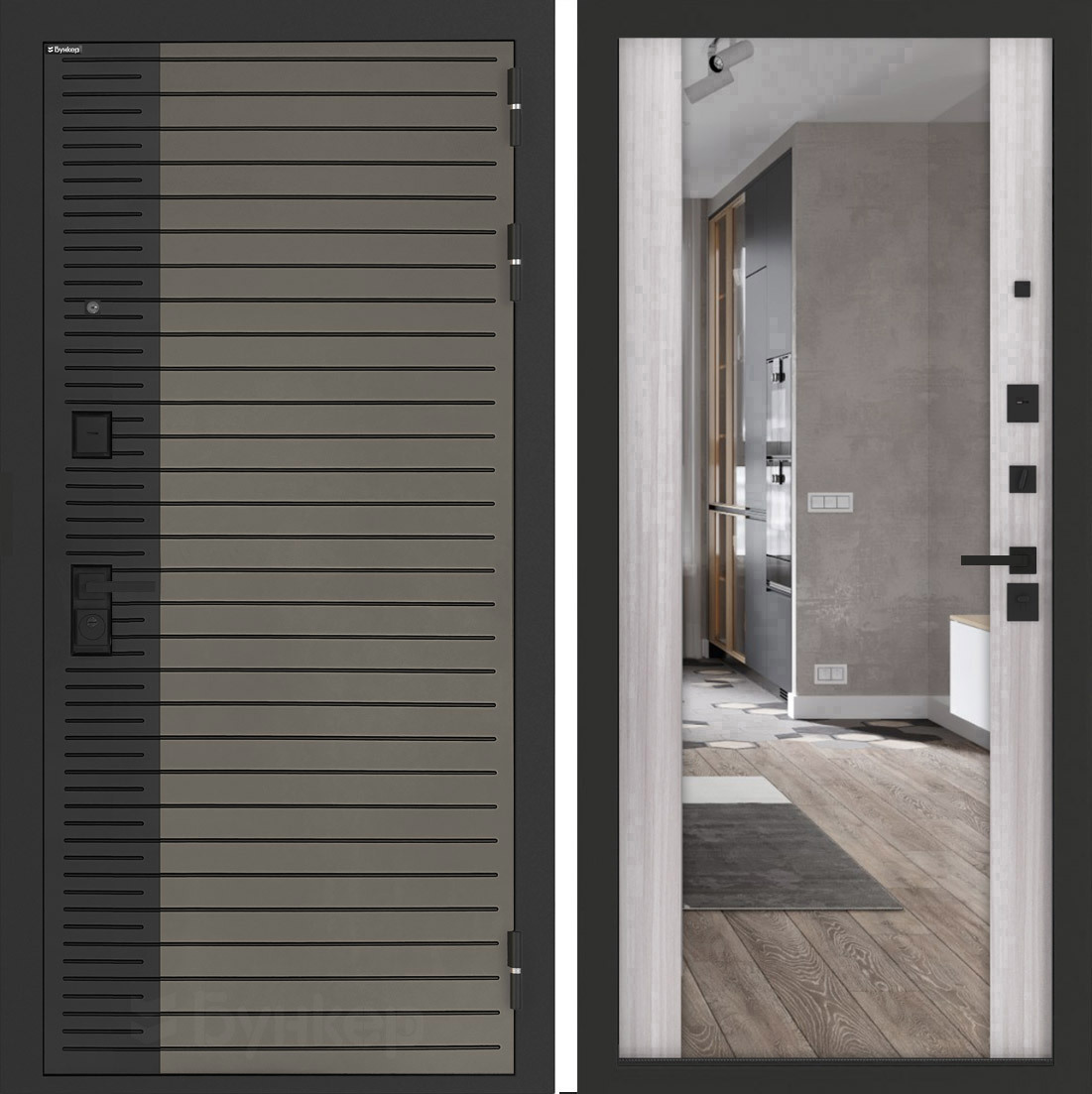 Изображение товара Входная дверь Бункер BN-15 правый 205x88 см Веллюто кофе/Сандал белый с зеркалом