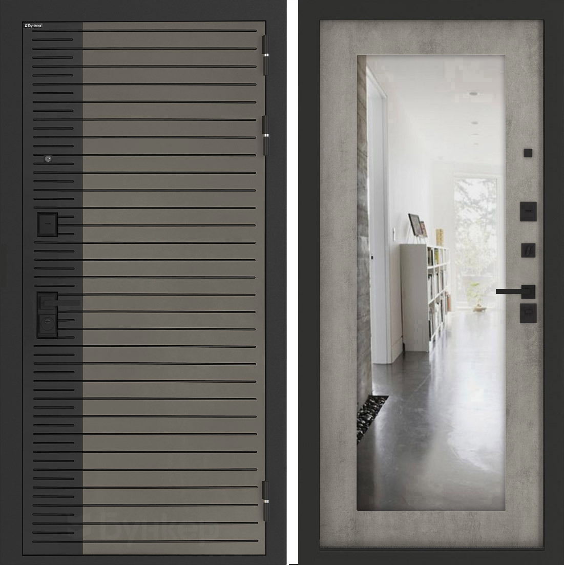 Изображение товара Входная дверь Бункер BN-15 правый 205x88см цвет веллюто кофе/бетон светлый с зеркалом ФЛЗ-603