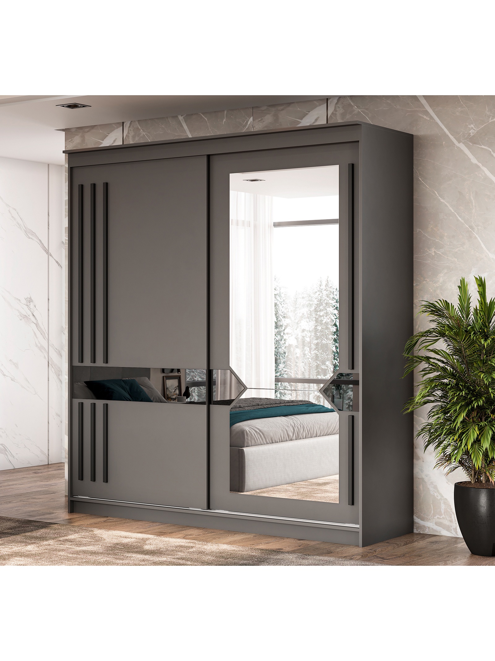 Изображение товара Шкаф-купе Сима-ленд Лайт №25 с зеркалом и 2 дверями, графит, размеры 200x60x220 см