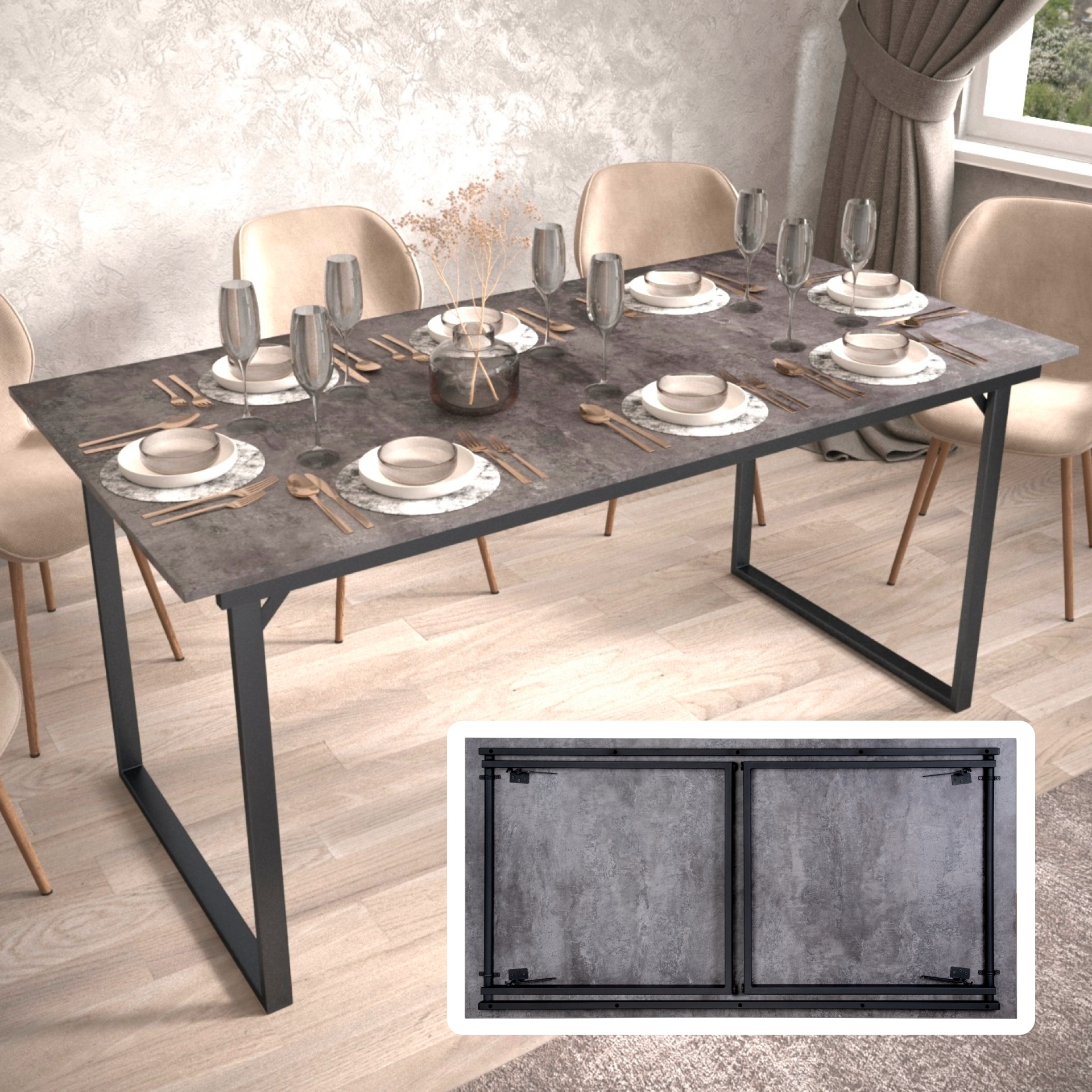 Изображение товара Раскладной стол MANTERO 160х80 см ЛДСП стиль Лофт темный бетон мебель для дома и кафе