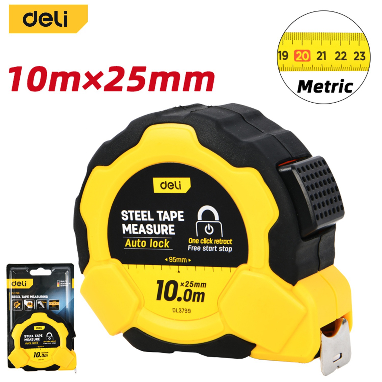 Изображение товара Профессиональная рулетка Deli DL3799 10 м автосцепка ударопрочный корпус