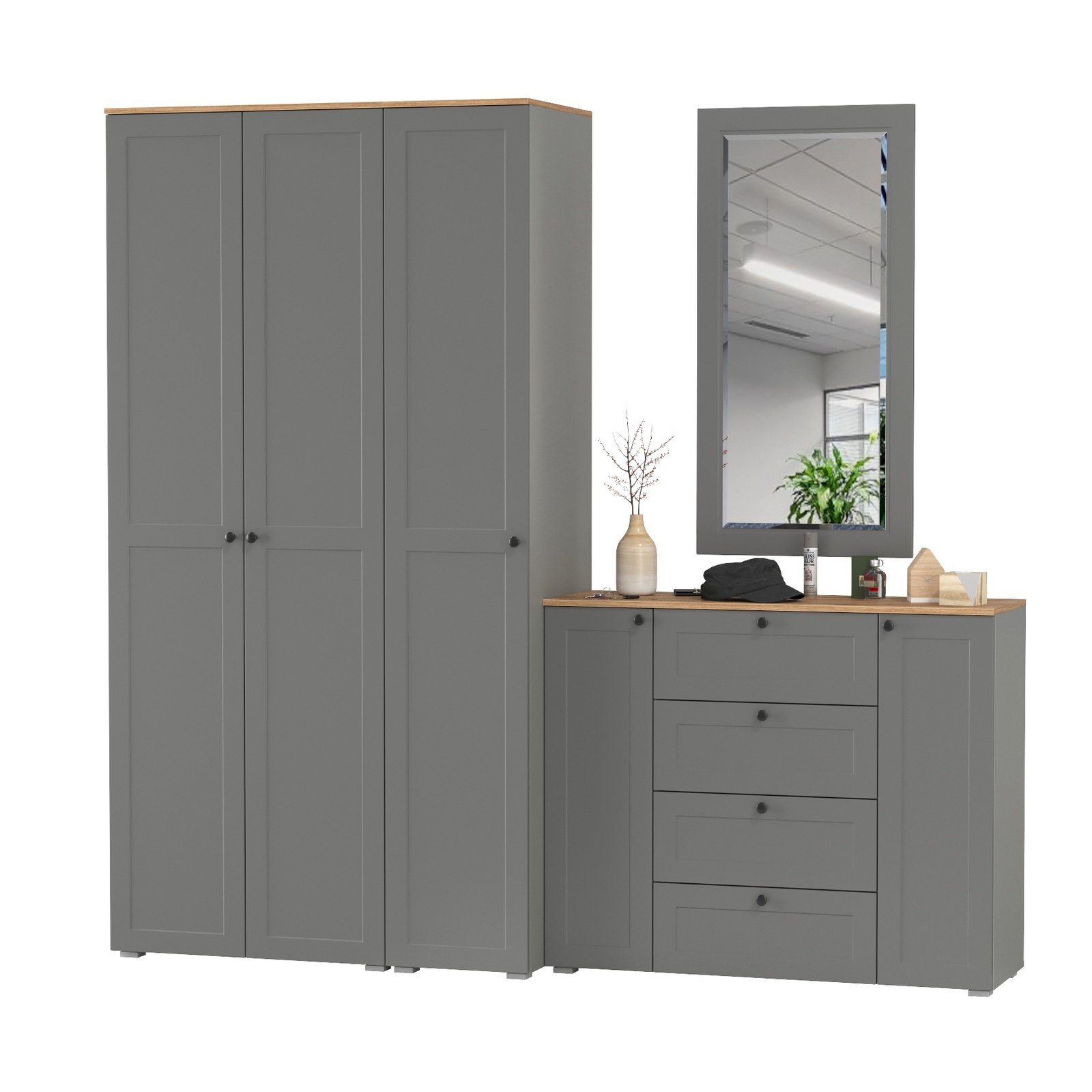 Изображение товара Комплект мебели для прихожей Mobi Остин 240x230 см серый графит/дуб крафт