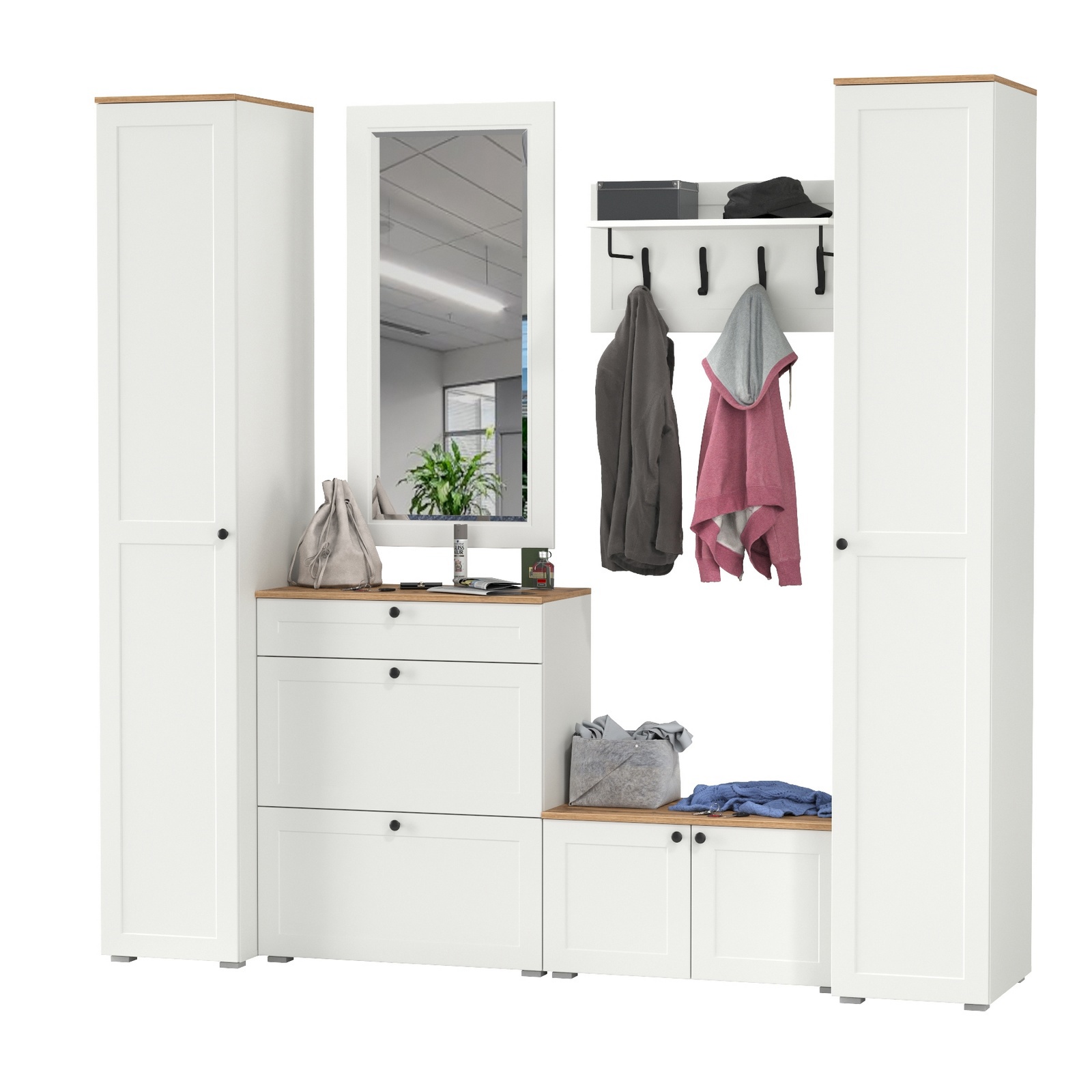 Изображение товара Комплект мебели для прихожей Mobi Остин пр-46-бз 240x230x54 см ЛДСП цвет белый шагрень/дуб крафт золотой