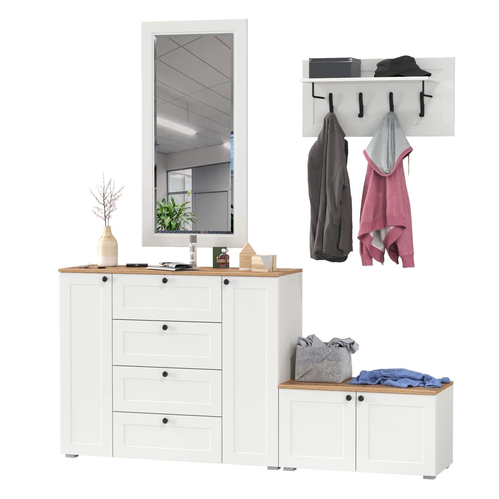 Изображение товара Комплект мебели для прихожей MOBI Остин пр-50-бз 240х210х54 см белый с золотом