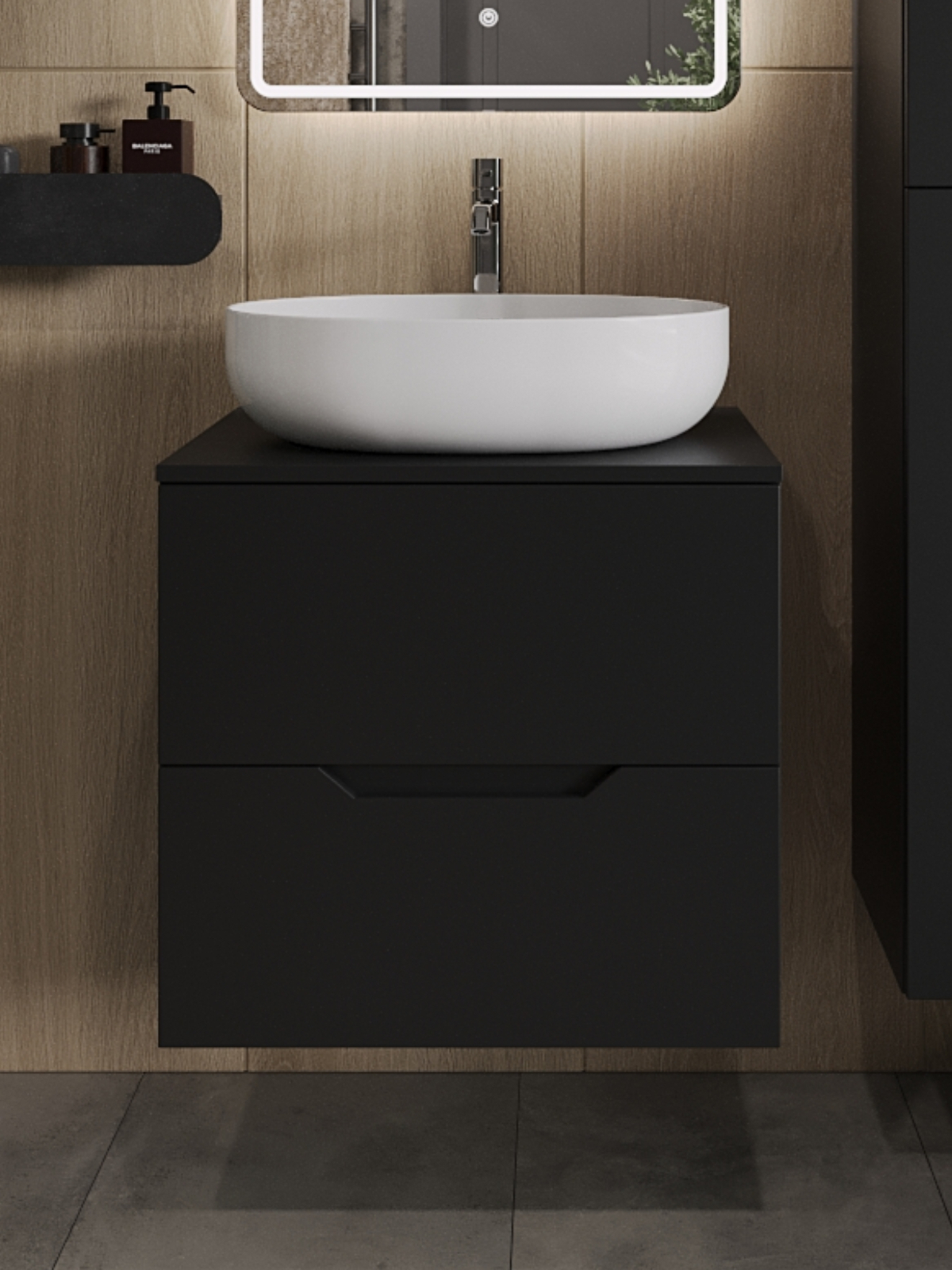 Изображение товара Подвесная тумба с раковиной TOPLINE FLIPTUS60B-5520W ширина 60см черная/белая