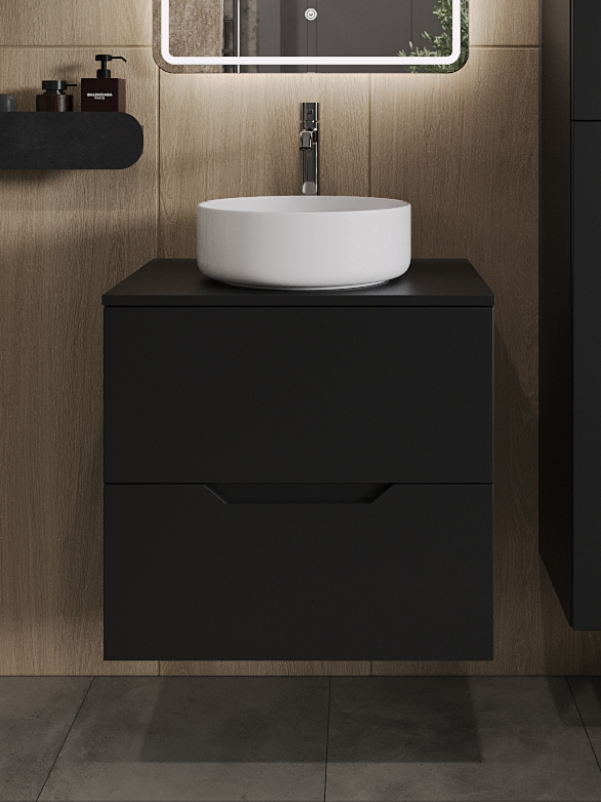 Изображение товара Тумба TOPLINE Li 60.2x68.6x46 см с накладной раковиной — черно-белый матовый дизайн