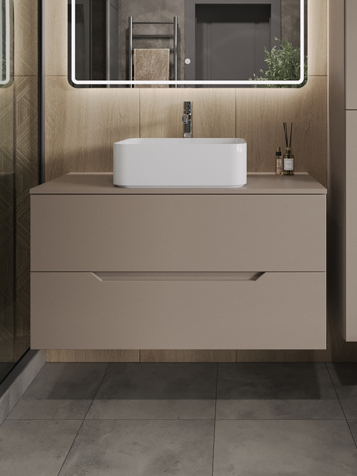 Изображение товара Тумба TOPLINE Li 100x70.6x46 см с накладной раковиной — матовая, серо-бежево-белая