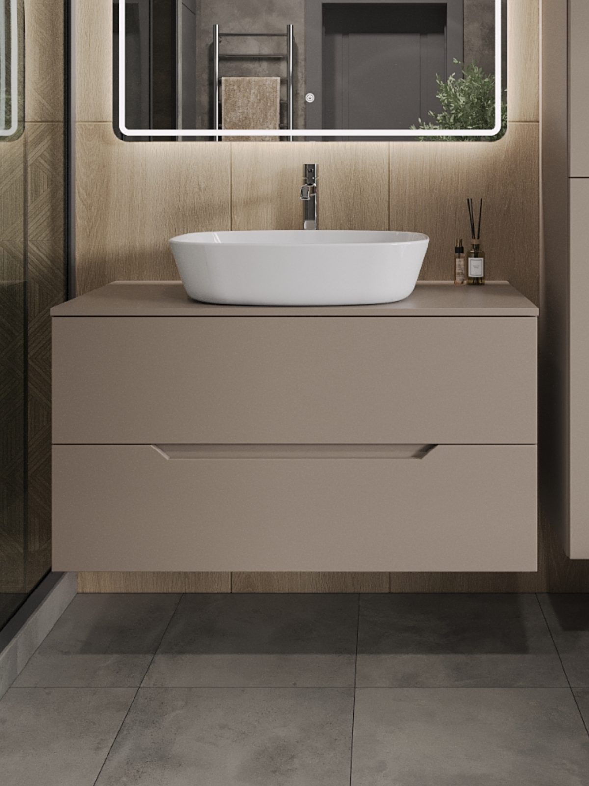 Изображение товара Тумба TOPLINE Li 1000 Под накладную раковину с раковиной фарфор, латте матовый