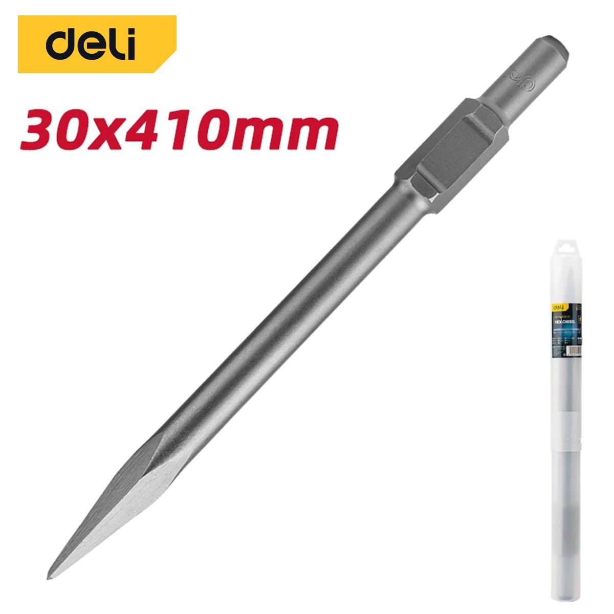 Изображение товара Долото-пика HEX-30 Deli DH-HJZ030-E1 410 мм Изображение товара Долото-пика HEX-30 Deli DH-HJZ030-E1 410 мм