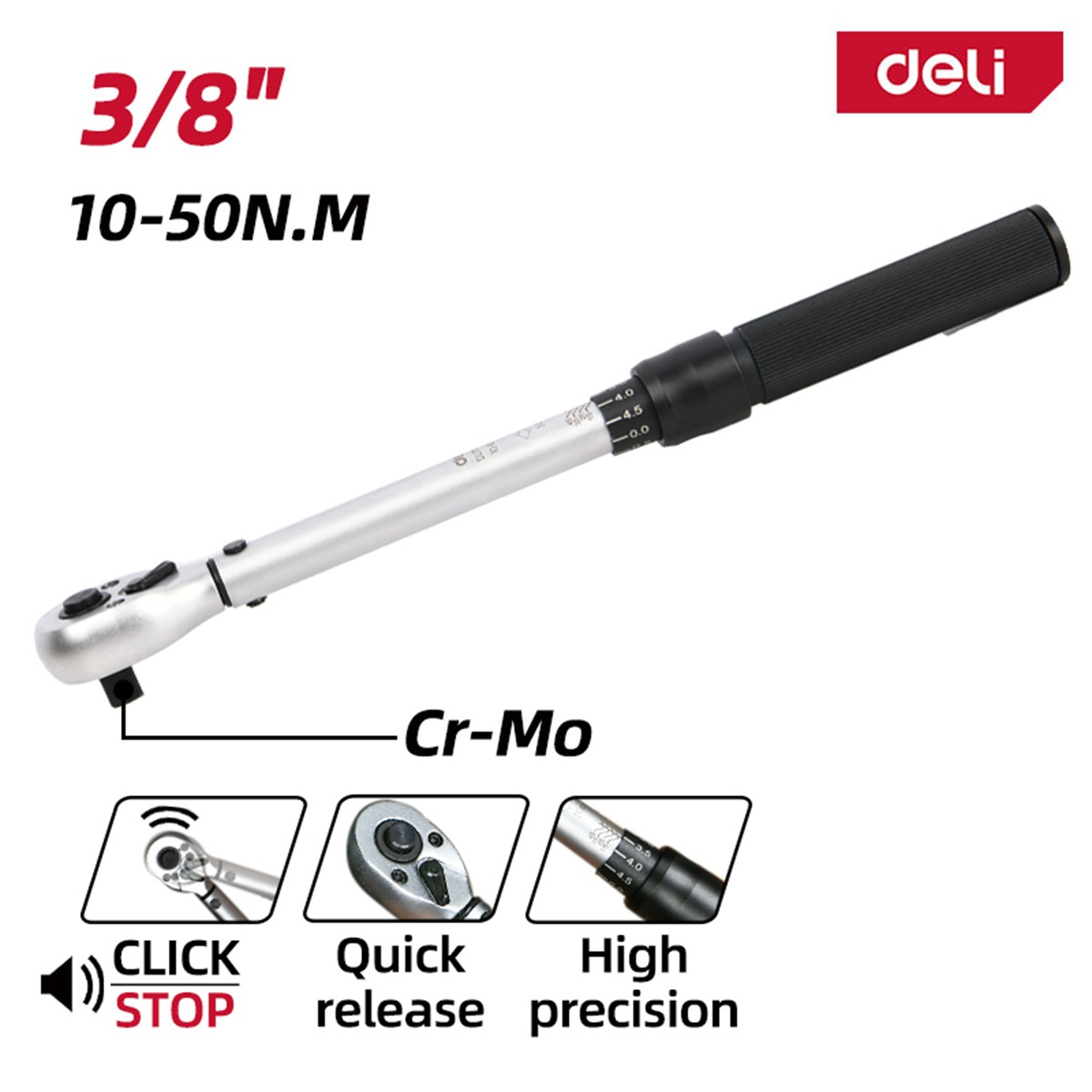 Изображение товара Deli DL170050 динамометр. ключ 3/8" 10-50 Н·м, Cr-Mo, ±3%, кейс