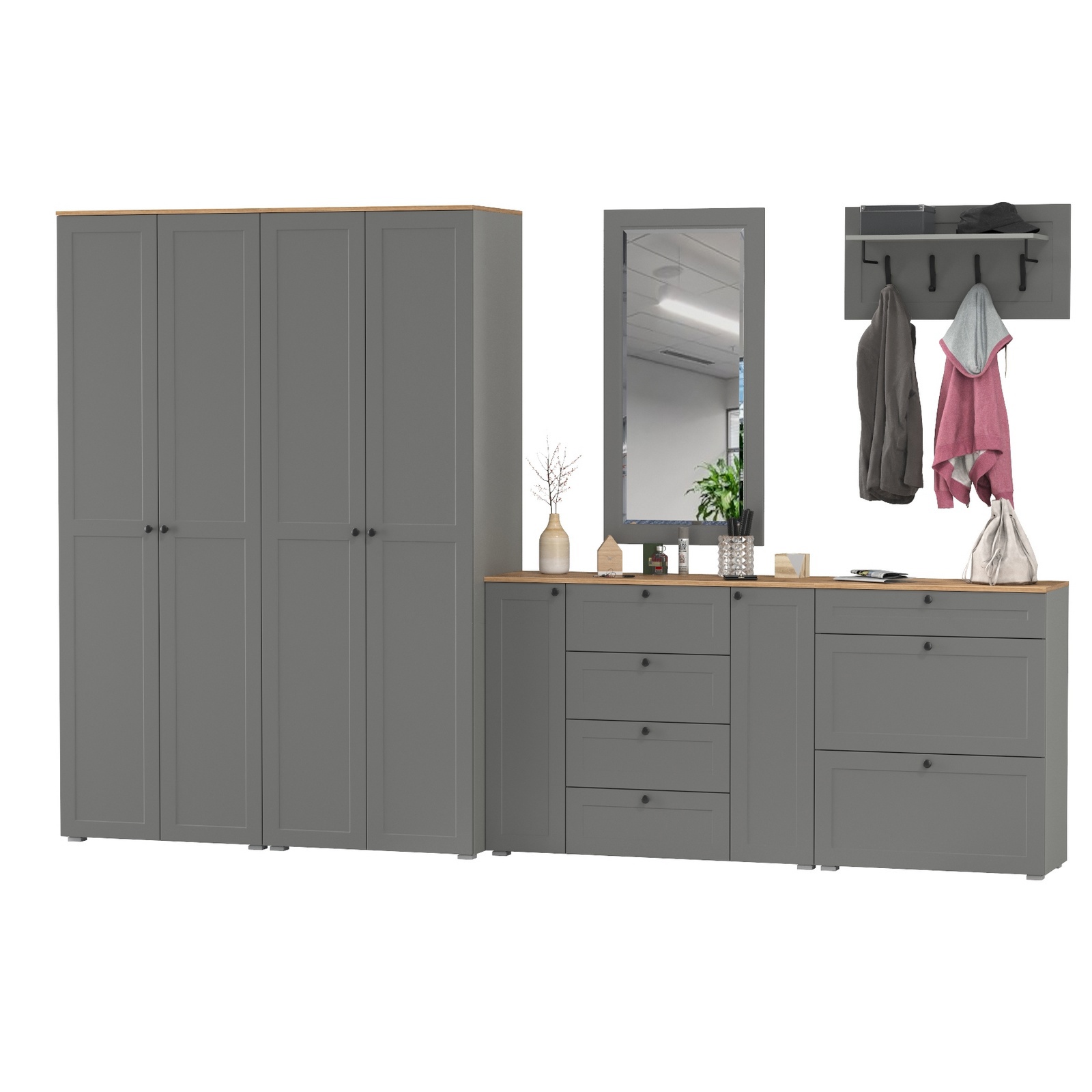 Изображение товара Комплект мебели для прихожей Mobi Остин пр-60-гз 360x230x54 см ЛДСП цвет серый графит/дуб крафт золотой